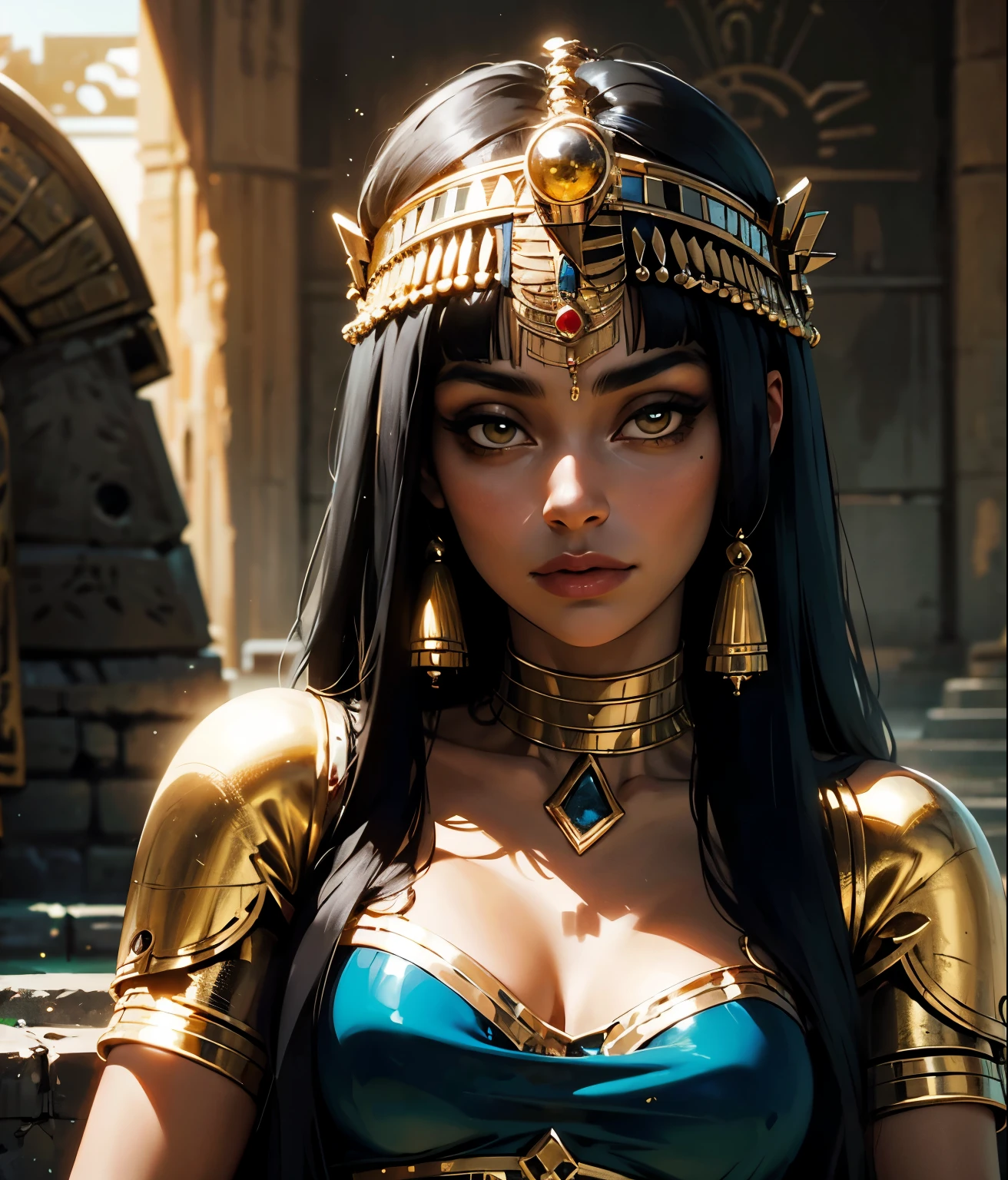 Una imagen de una mujer, cleopatra, cabello largo y negro, cleopatra de Egipto, cuerpo hermoso, good lighting, cleopatra, vestiduras doradas, good lighting, rostro cercano, cleopatra de Egipto, facciones cleopatra de Egipto, detalles de oro en joyas, cleopatra de Egipto, ojos dorados
