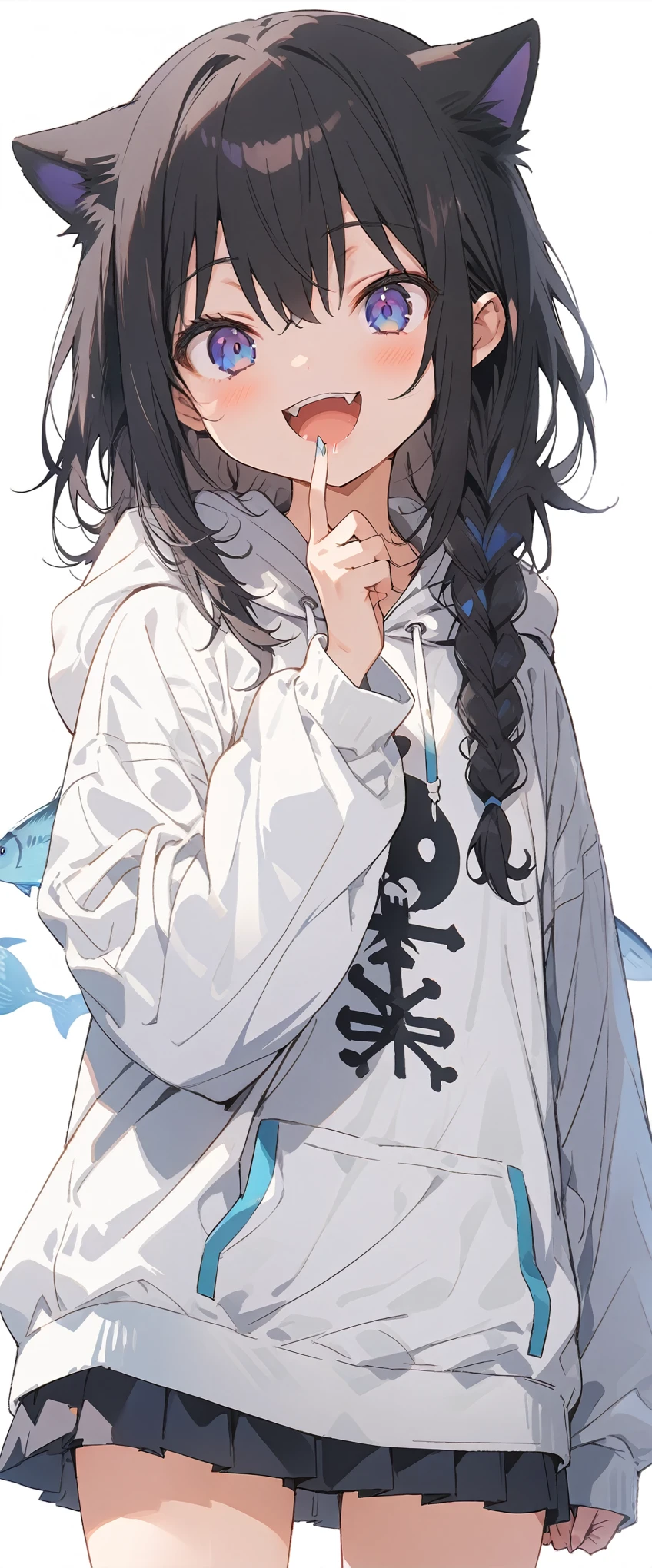 White background、Solid white background、Blank background、just standing girl, only one girl、Full body shot from the front,Ultra-high resolution, highest quality,fish-bone braid hair、Fishbone Hair、Flat Chest、beautiful detailed eyes、black hair、Black hair × Blue eyes、blue eyes、Open your mouth without showing your teeth、Smile with mouth wide open、Plain white hoodie、Black pleated skirt、barefoot