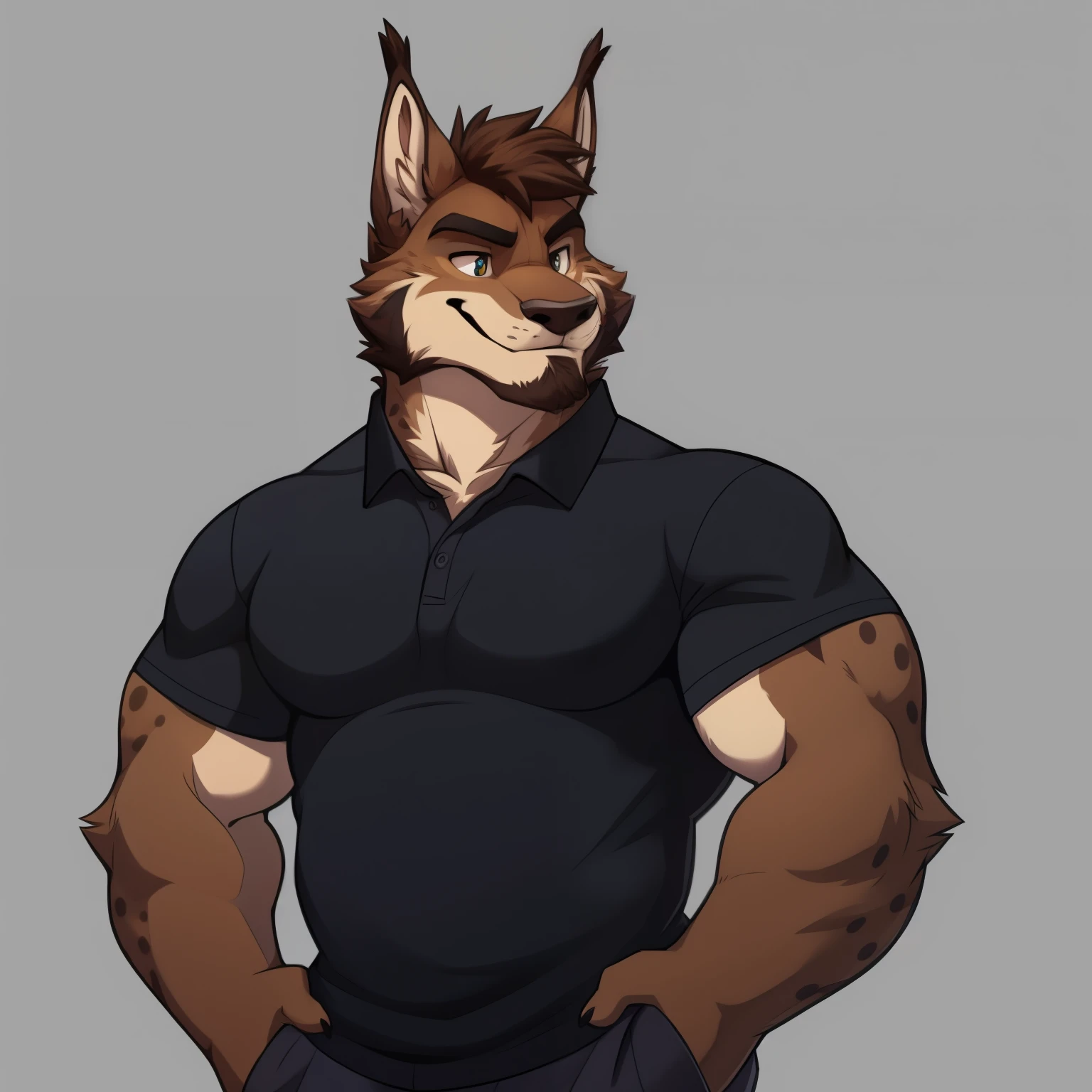 Canadian Lynx, furry, anthropomorphic, dark gray furs, dark brown rosette pattern, gruff looking, mature adult, clear detailed expressions (detailed eyes), strong built, standing upright, casual posing, line art, cartoony, eye level camera, indoor lighting, looking straight, calm expression (soft smile), flat shading, simple flat background, wearing black polo shirt
