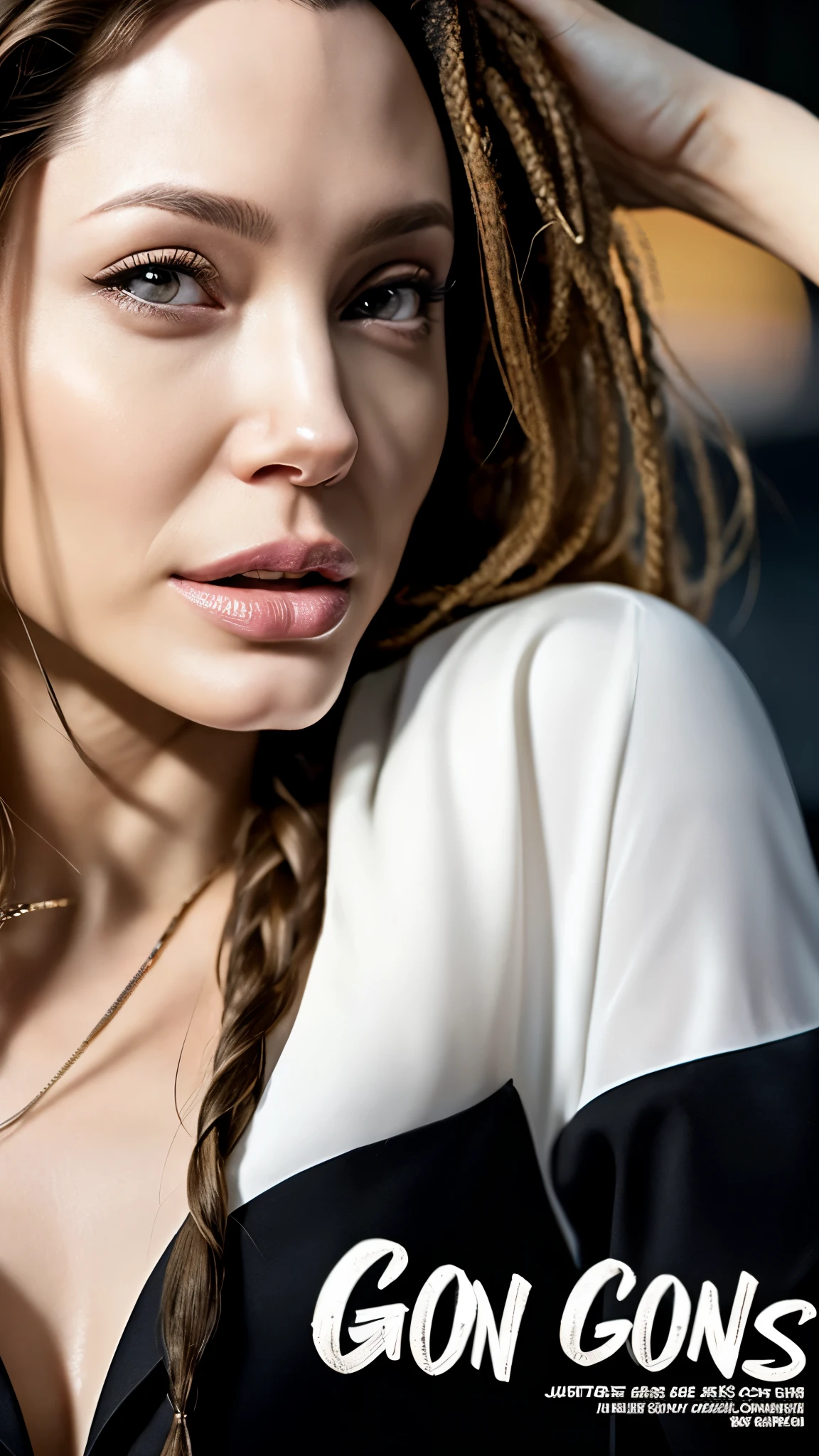 Create a hyper-realistic, wallpaper-sized, dynamic and detailed image of Angelina Jolie as her character from the movie "Gone in 60 Seconds". She should have white, dreadlocked hair with curly twists, and be wearing a white shirt with black lettering. Her skin should appear finely detailed and beautifully radiant. The image should be a close-up shot, focusing on her face and upper body, capturing the intensity and allure of her character.