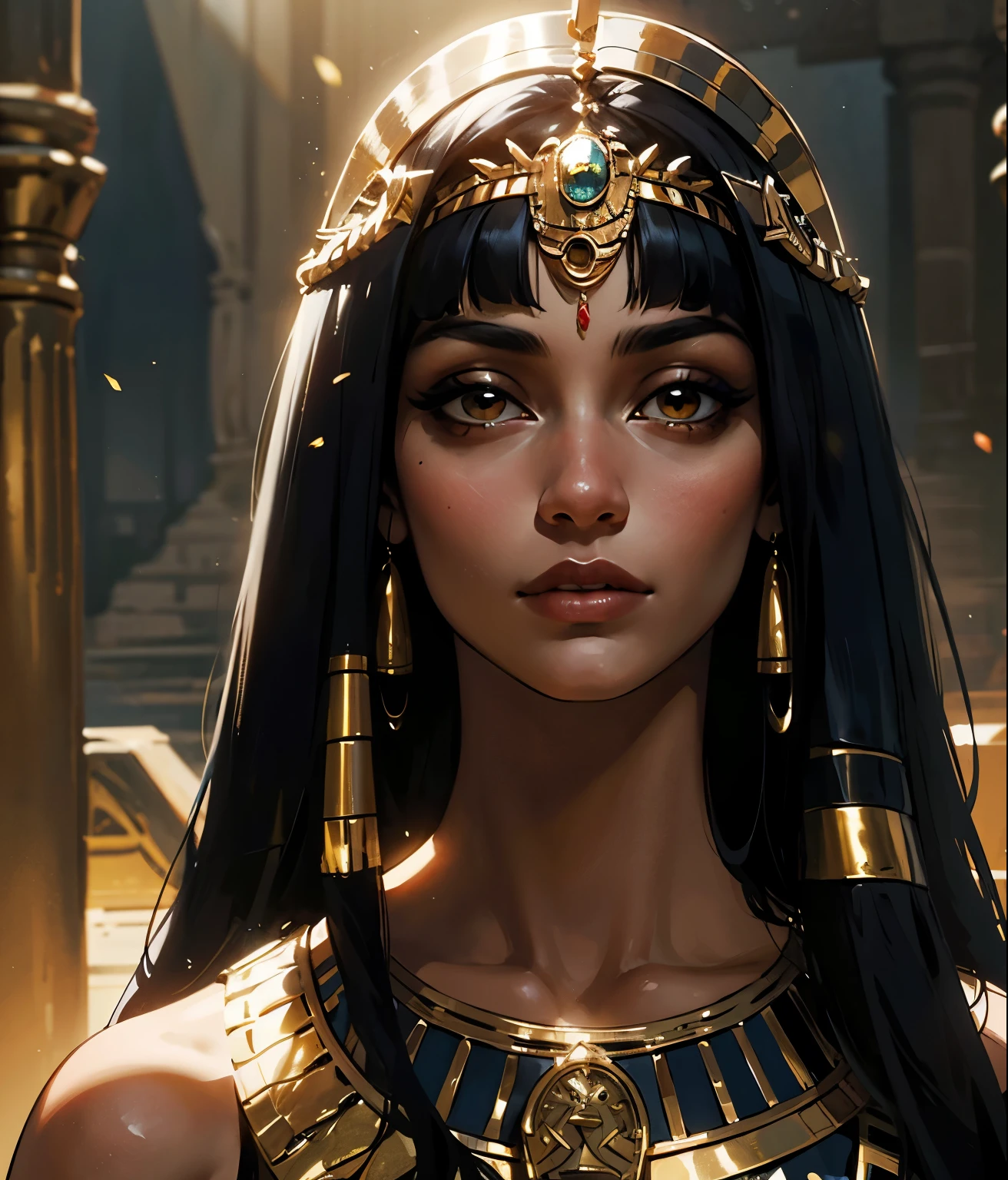 Una imagen de una mujer, cleopatra, cabello largo y negro, cleopatra de Egipto, cuerpo hermoso, good lighting, cleopatra, vestiduras doradas, good lighting, rostro cercano, cleopatra de Egipto, facciones cleopatra de Egipto, detalles de oro en joyas, cleopatra de Egipto, ojos dorados