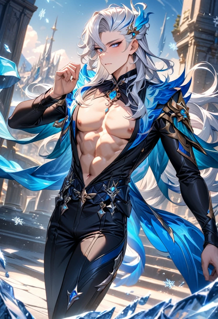 absurdres, highres, ultra detailed, HDR, master piece, best quality, perfect face, Neuvillette, white hair, expressive blue eyes, Genshin Impact, solo, sexy man, handsome, toned chest, sensual, erotic, black clothes, black pants, a winter fantasy world, snowflakes dropping down the sky, everything has turned into ice, a white dragon flying in the distance