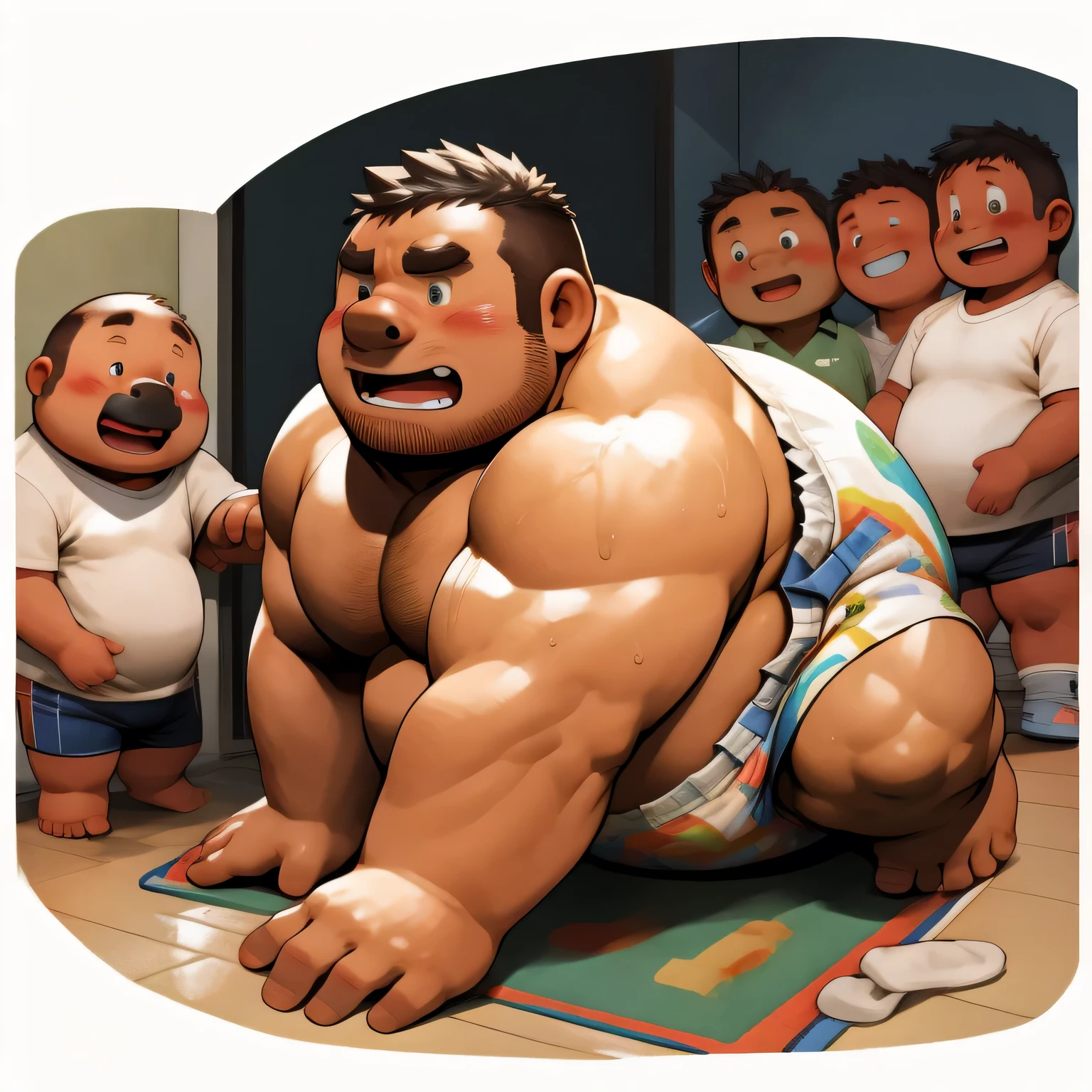 masterpiece, Top quality, in 32K, perfect anatomy, hyper detailed, super fine illustration, The thick man is a brutal prisoner, retarded, hairy human, 50yo in Japan, (fatness: 1.0), Fatty muscle, Bowleg, disappointment, incontinent, be diaper check by children, waddle, There is a small puddle under him, incontinent, Naked, short legs, Bowleg, spread legs, wear a White cloth Diaper, Bare belly, Bare legs, Bare foots, Bare soles, Shirtless, wide forehead and short thinning hair, Man with round face with stubble, Bare foots, Bare soles, shy, sissy, Weaker than children, Drool, Round face, steams, Solo, He enters nursery school and is despised by children, He surrounded by children, His bottom is wet, Bare foots, big butt, he is scolded by the children, White Diaper, He surrounded by children, sobbing, wear a White cloth Diaper, shirtless, There is a small puddle under him, He enters nursery school and is despised by children, big butt, sobbing, He crawling to go to children, on all fours, side view