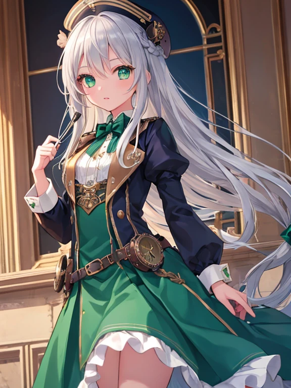 girl,masterpiece, High resolution, highest quality, Super detailed,Long Hair,Braided sides,Silver Hair,Navy blue accent,Emerald green eyes,Steampunk costumes,A little short in height,The chest is a little small