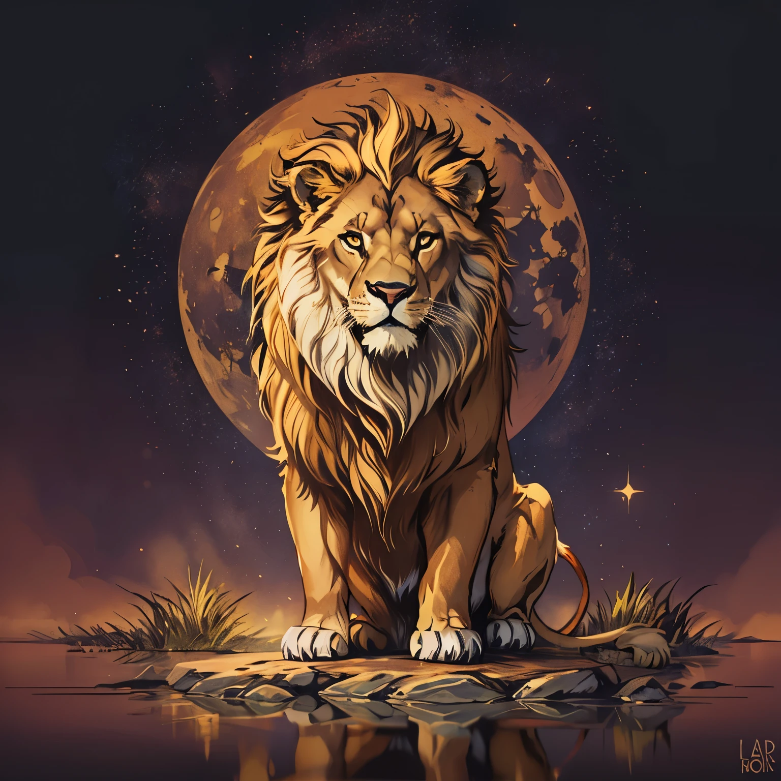 A brown lion with incredible black details,lua azul ,fundo branco 