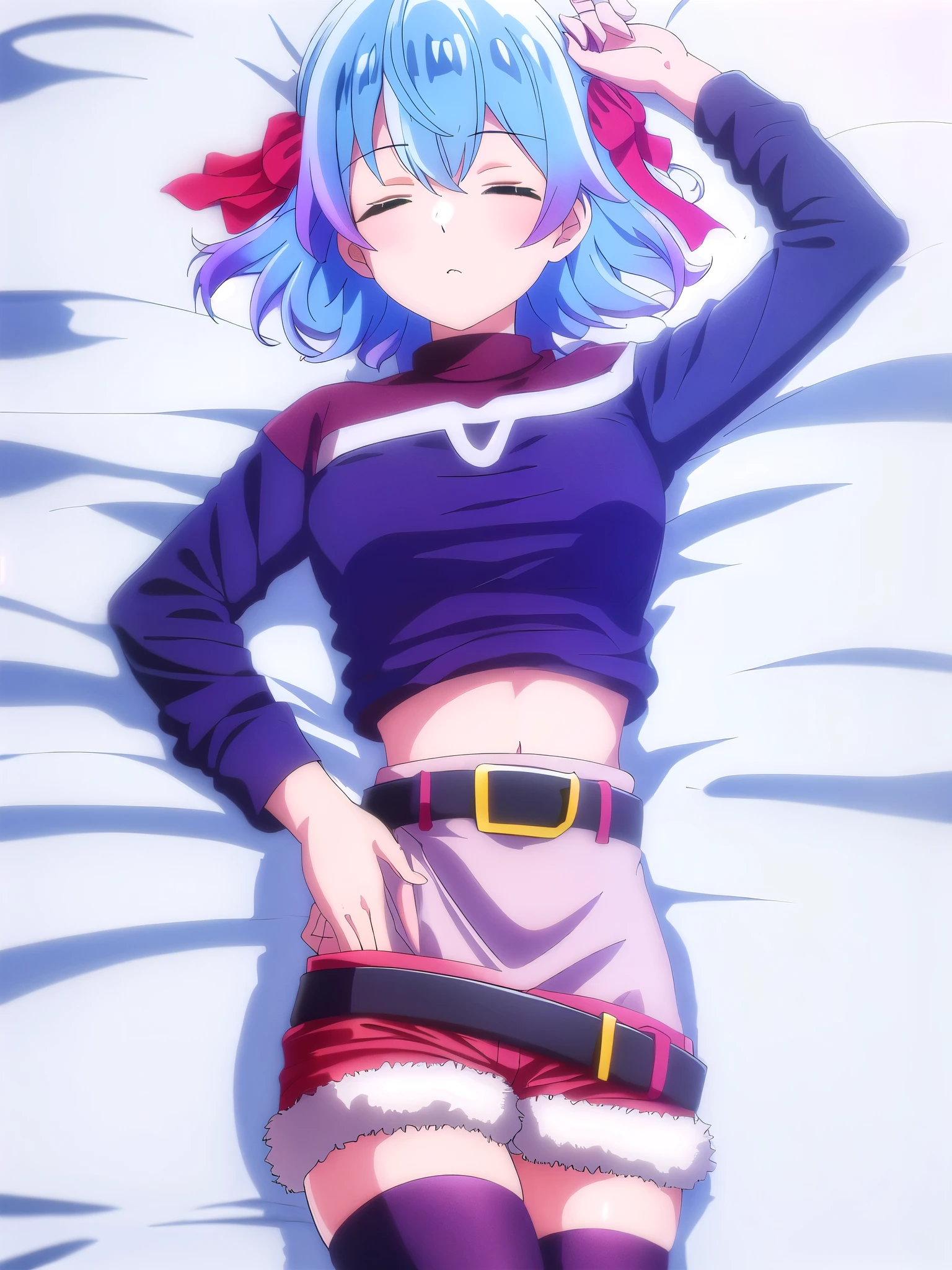 (((Best quality))),((Ultra-detailed)),((illustration)),((Disheveled hair)),((frilld)),(1 girl),(Solo),
1girl,ahoge,bed,bed sheet,belt,belt buckle,blue hair,blue legwear,blush,bow,breasts,buckle,christmas,closed eyes,eyebrows visible through hair,fur trim,futon,hair ribbon,indoors,long sleeves,lying,midriff,miniskirt,navel,on back,on bed,pillow,purple legwear,red bow,red legwear,red ribbon,red scarf,red skirt,ribbon,shirt,short hair,skirt,sleeping,solo,thighhighs,