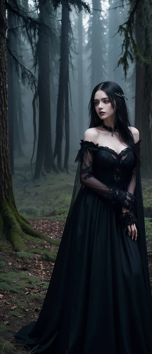 A dramatic portrayal of a striking woman, Gothic-style ensembles – stunning dark gowns or edgy outfits – set against hauntingly beautiful backdrops,Like an ancient castle or a mysterious forest.