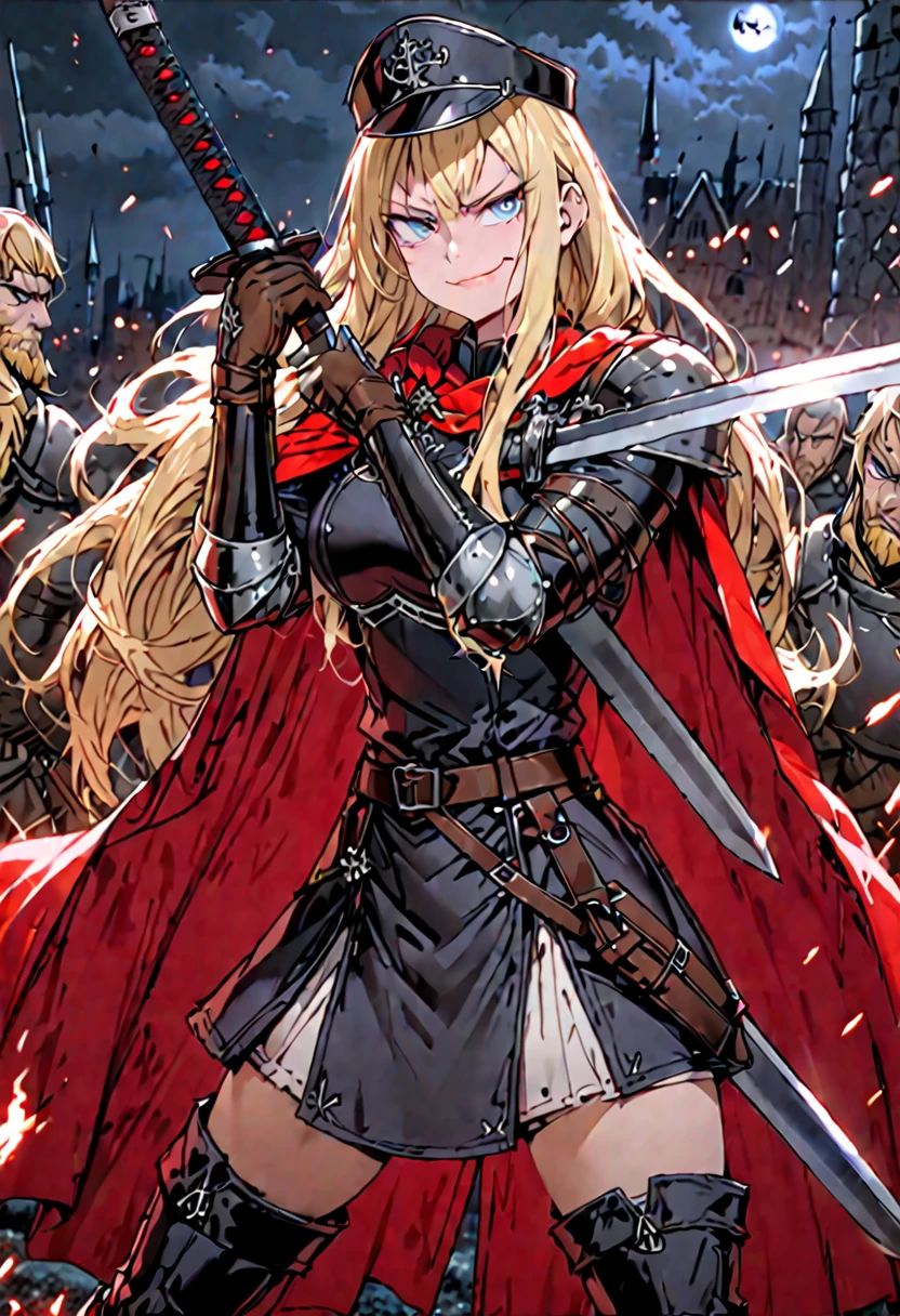 Solo, female, sfw, medium shot, very long hair, blonde hair, extremely tall, blue eyes, black military uniform, red cape, thigh boots, smug smile, battlefield, military hat, muscular, leather gloves, adjusting gloves, action pose, bastard sword, huge sword, armored skirt, armor:0.3, night, medieval, holding sword