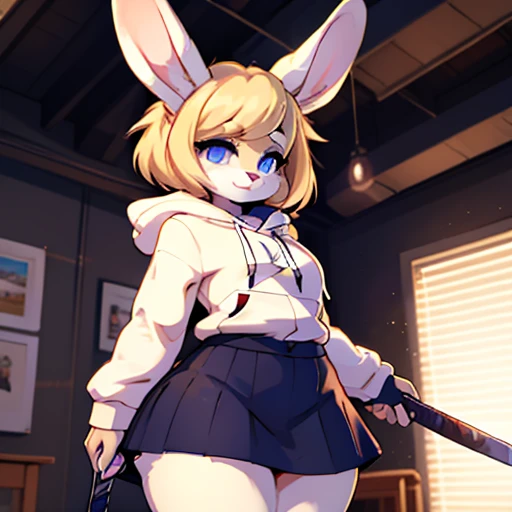 ((furry Rabbit female)) , huge wide hips, white fur body , wearing skirt ,Blonde hair,((Better quality )) ,Rabbit ears , wearing hoodie , hold katana , blue pupils, 