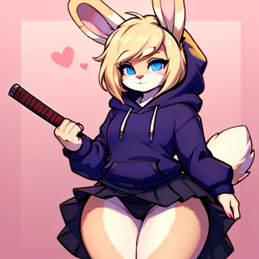 ((furry Rabbit female)) , huge wide hips, white fur body , wearing skirt ,Blonde hair,((Better quality )) ,Rabbit ears , wearing hoodie , hold katana , blue pupils, 