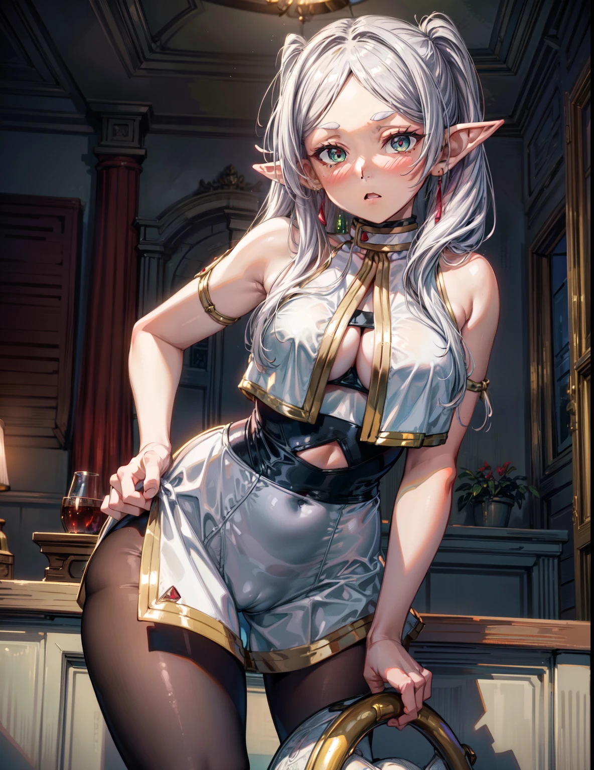 (Masterpiece, High Quality, Top quality, High-Detailed, Detailed CG, Cinematic Shadow, Cinematic Scene, Beautiful Detailed Eyes, Ultra Resolution, Depth of Field), Looking At The Audience, Looking Down, Looking At The Audience Below, (Blush Expression:1.2), (Angry Expression:1.2), (SFW:1.2), Elf Ear, Silver Hair, Twin Tails, Spiky Ears, Five Fingers, Good Composition, Arms, (Swimsuit:1.2), (White Swimsuit:1.0), Thicc Thighs, Small Breasts, Medium Breast, Dark Background, Blur Background, Castle Room, European Room