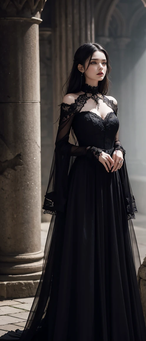 A dramatic portrayal of a striking woman, Gothic-style ensembles – stunning dark gowns or edgy outfits – set against hauntingly beautiful backdrops，Like an ancient castle or a mysterious forest.