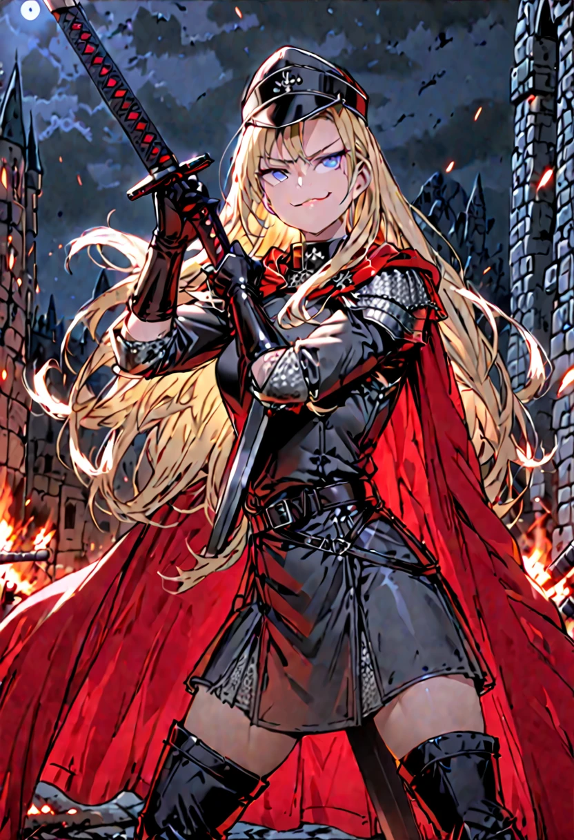 Solo, female, sfw, medium shot, very long hair, blonde hair, extremely tall, blue eyes, black military uniform, red cape, thigh boots, smug smile, battlefield, military hat, muscular, leather gloves, adjusting gloves, action pose, bastard sword, huge sword, armored skirt, armor:0.3, night, medieval