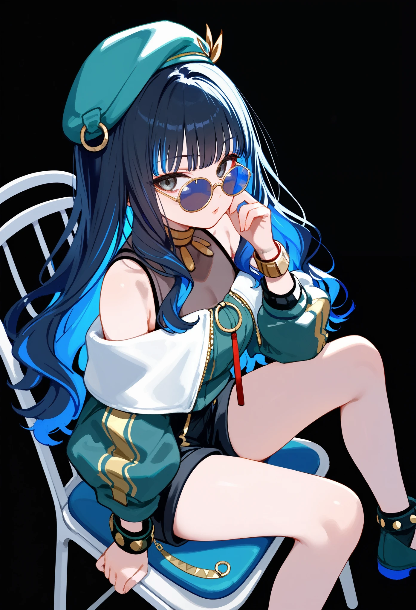 sitting,folding chair, leaning forward, 1girl, solo, long hair, black hair, colored inner hair, blue hair, wavy hair, eyeliner, makeup, jewelry, beret, o-ring, neck ring, black shorts, buttons, round sunglasses, bracelet, bare shoulders, green jacket, white jacket, off shoulder, zipper, from above, black background, simple background, masterpiece, score_9, score_8_up, score_7_up