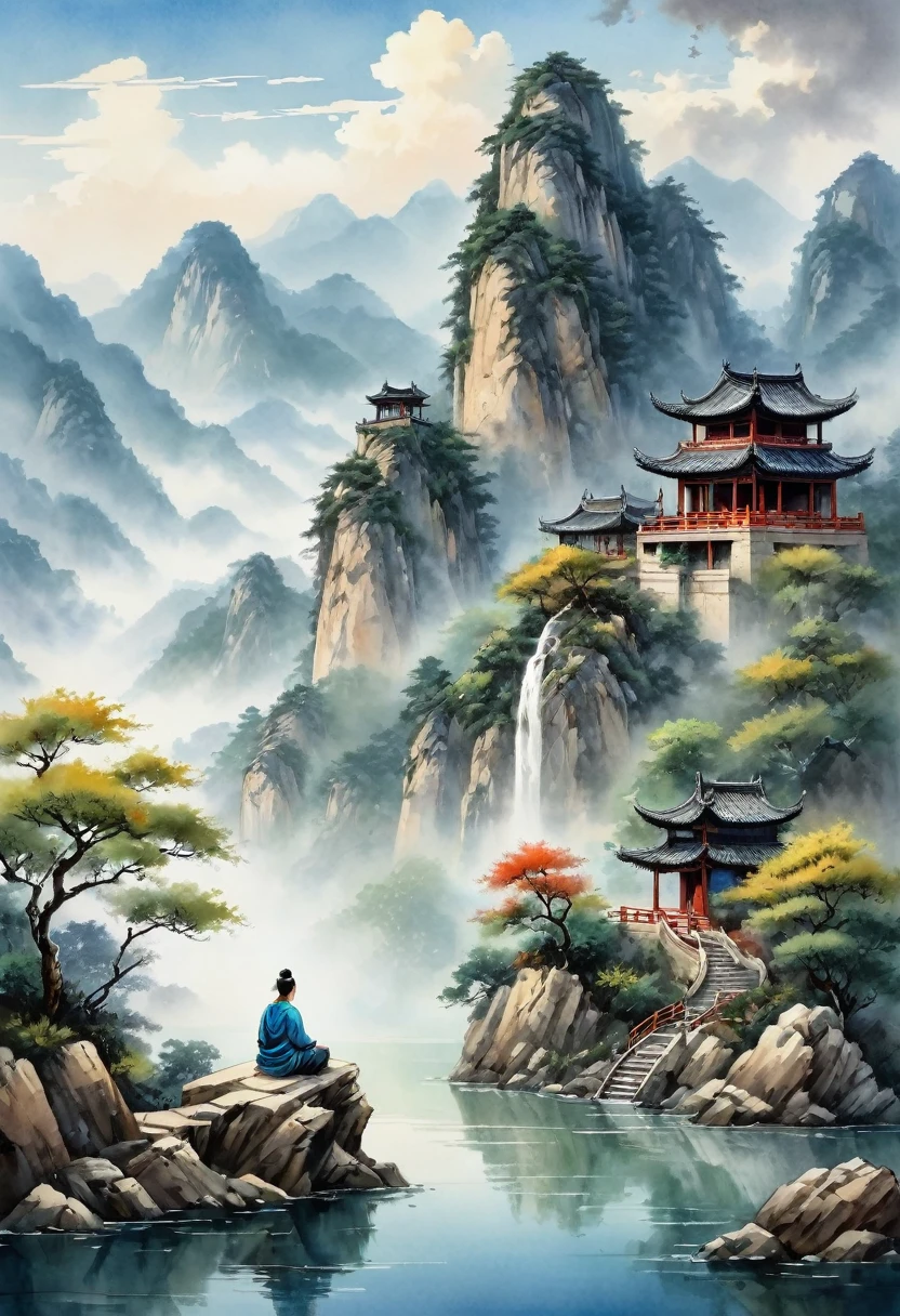 Watercolor Landscape, mountain, scenery,outdoors,sky,sitting,cloudy sky,tree,solo,architecture,water, through meditation, Chinese Style, best quality, masterpiece, very aesthetic, perfect composition, intricate details, ultra-detailed