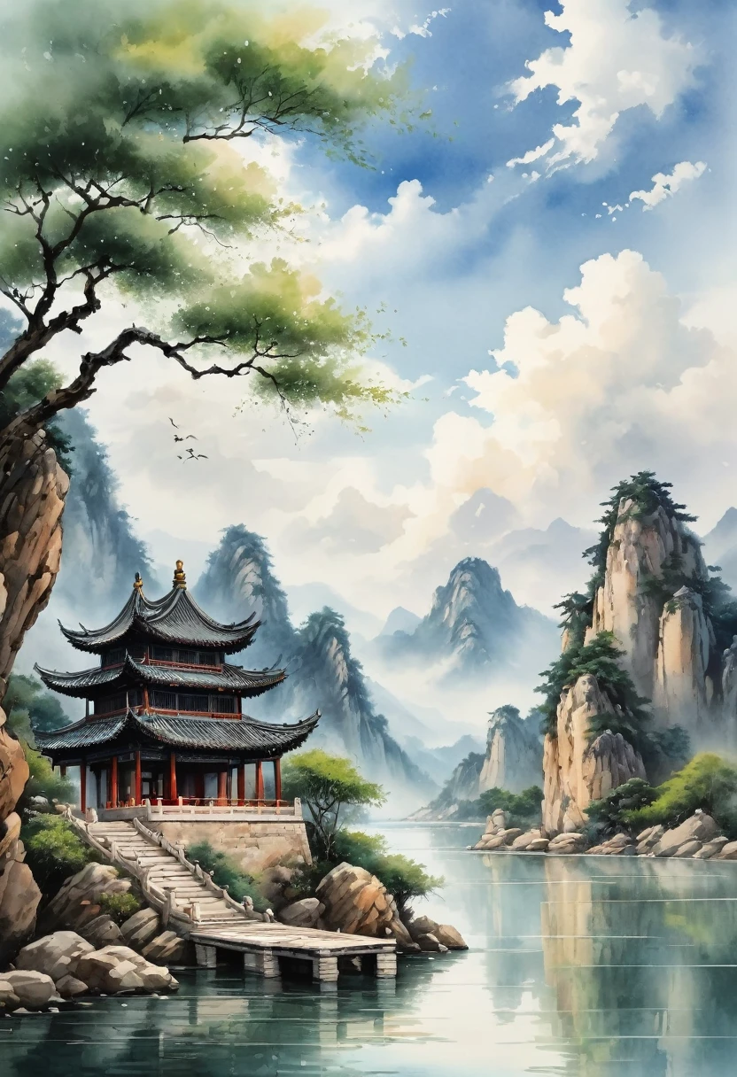 Watercolor Landscape, mountain, scenery,outdoors,sky,sitting,cloudy sky,tree,solo,architecture,water, through meditation, Chinese Style, best quality, masterpiece, very aesthetic, perfect composition, intricate details, ultra-detailed