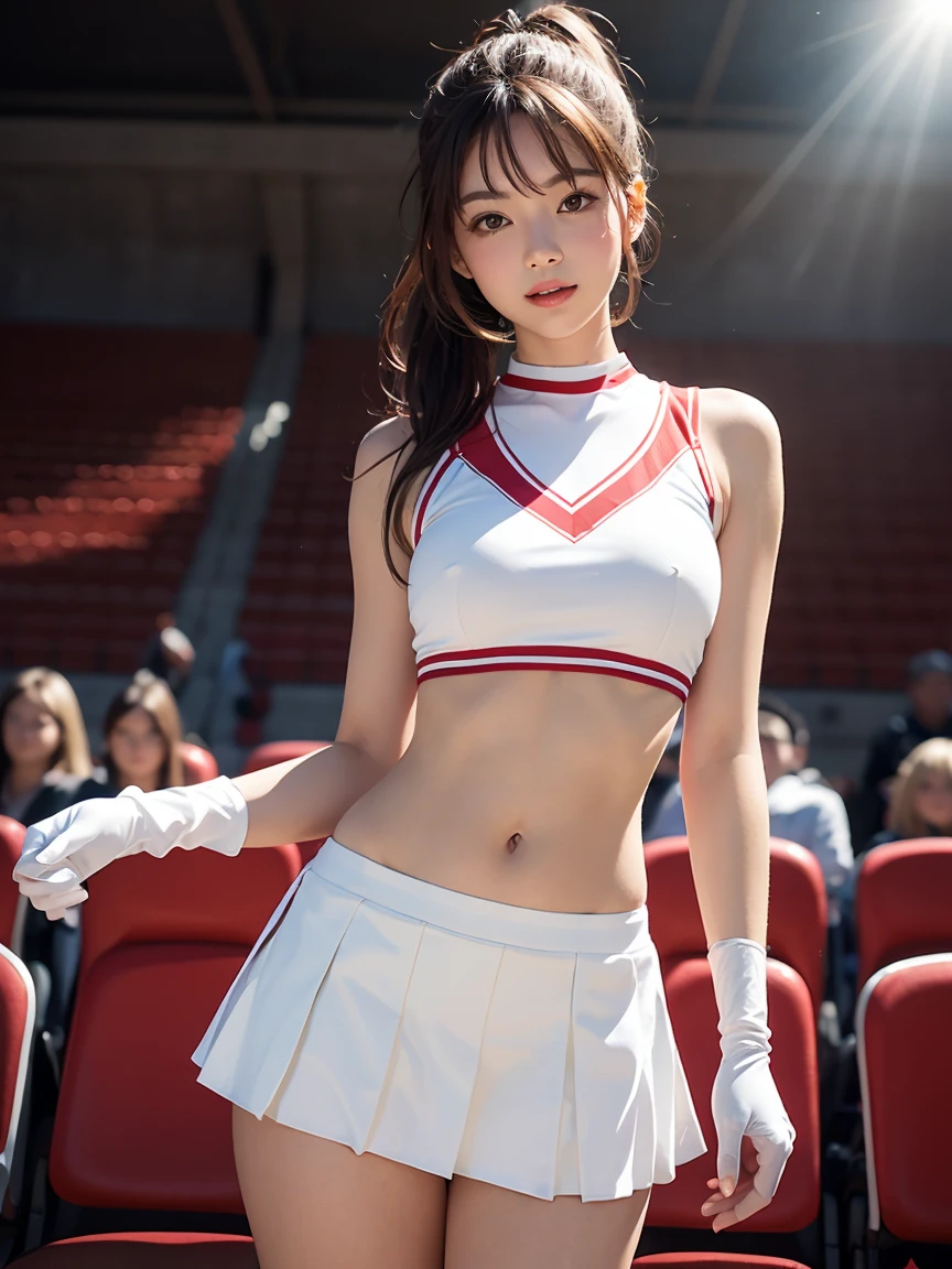 One girl, , Dancing, Small breasts, Thin legs, Cheerleader Uniform, skirt, White Cheer Gloves, stomach, Tilt your head, Arm open, from the front, ((masterpiece)), ((Highly detailed face)), highest quality, Surreal, High resolution, Intricate details,(Beautiful and delicate eyes and lips), (The best shadows. Very delicate and beautiful.), Beautiful white skin, smile, Open your mouth, Ponytail Brown Hair, bangs, Floating Hair, Good ray, Cowboy Shot, court, Audience seats, Light of the sun