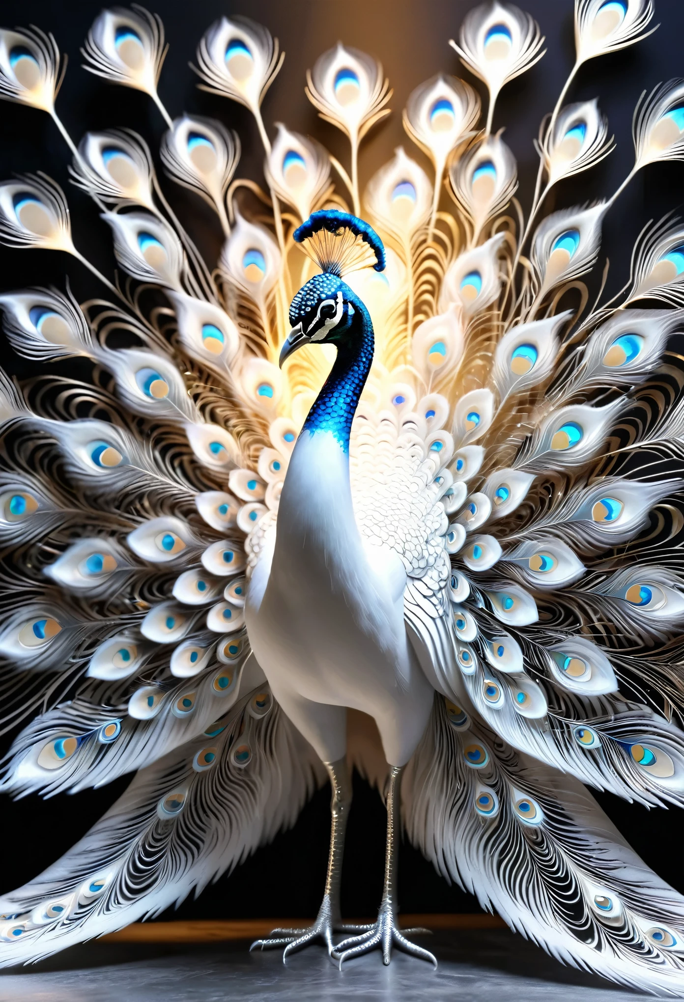 best quality, a stunning artwork of a beautiful white peacock, intricately detailed, (best shadow), elegant, volumetric lighting| ((More_Detail)) 