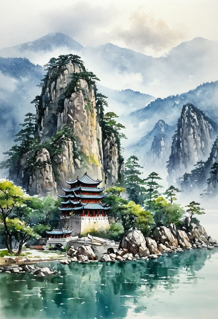 Watercolor Landscape, mountain, scenery,outdoors,cloudy sky,tree,solo,architecture,water, Chinese Style, best quality, masterpiece, very aesthetic, perfect composition, intricate details, ultra-detailed