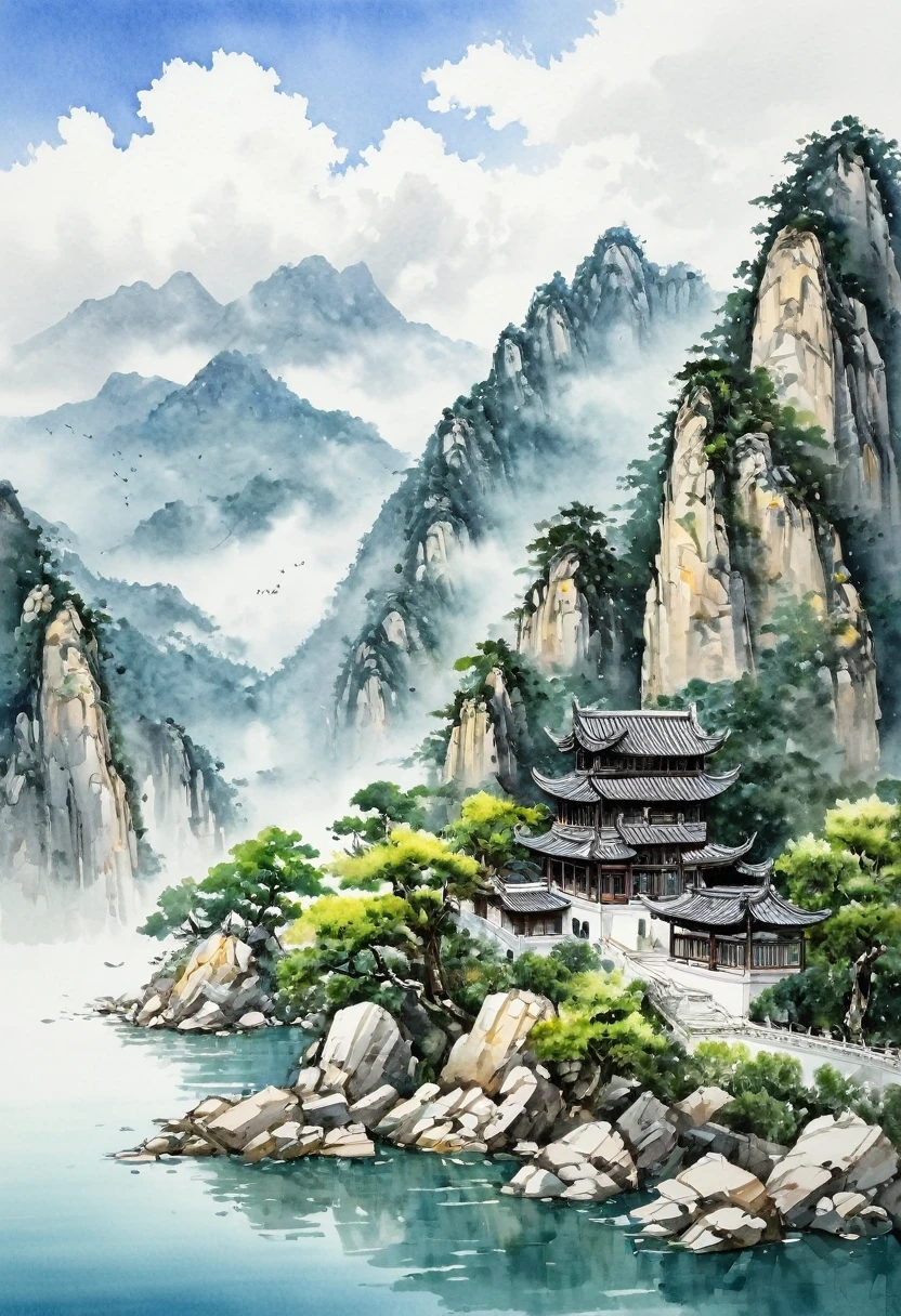 Watercolor Landscape, mountain, scenery,outdoors,cloudy sky,tree,solo,architecture,water, Chinese Style, best quality, masterpiece, very aesthetic, perfect composition, intricate details, ultra-detailed