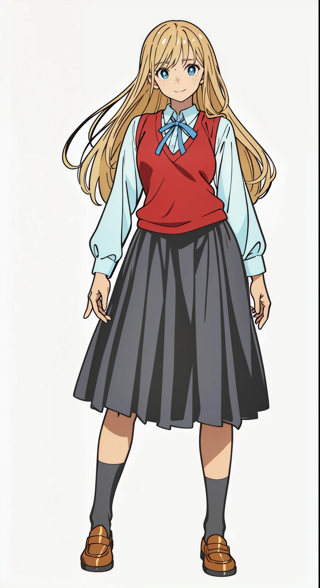 (best quality:1.0), (masterpiece:1.0), (super fine illustration:1.0), (beautiful artwork:1.0), (anime screencap:1.0), (official art:1.0), (european:1.0), (cheerful:1.0), (tareme:1.5), (looking at viewer:1.0), (white background:1.0), (best quality:1.0), (masterpiece:1.0), (super fine illustration:1.0), (beautiful artwork:1.0), (anime screencap:1.0), (official art:1.0), (solo:1.0), (european:1.0), (a 18yo cute girl:1.0), (long skirt:1.0), (black skirt:1.0), (pleated skirt:1.0), (red knit vest:1.0), (white long sleeve collared shirt:1.0), (blue neck ribbon:1.0), (loafers:1.0), (black socks:1.0), (ideal ratio body proportions:1.0), (lanky:1.0), (tall:1.0), (slender:1.0), (small breasts:1.0), (smaller face:1.0), (tareme:1.0), (freckles:1.0), (detailed beautiful eyes:1.0), (detailed beautiful face:1.0), (glowing blue eyes:1.0), (long hair:1.0), (swept bangs:1.0), (blonde hair:1.0), (standing:1.0), (looking at viewer:1.0)