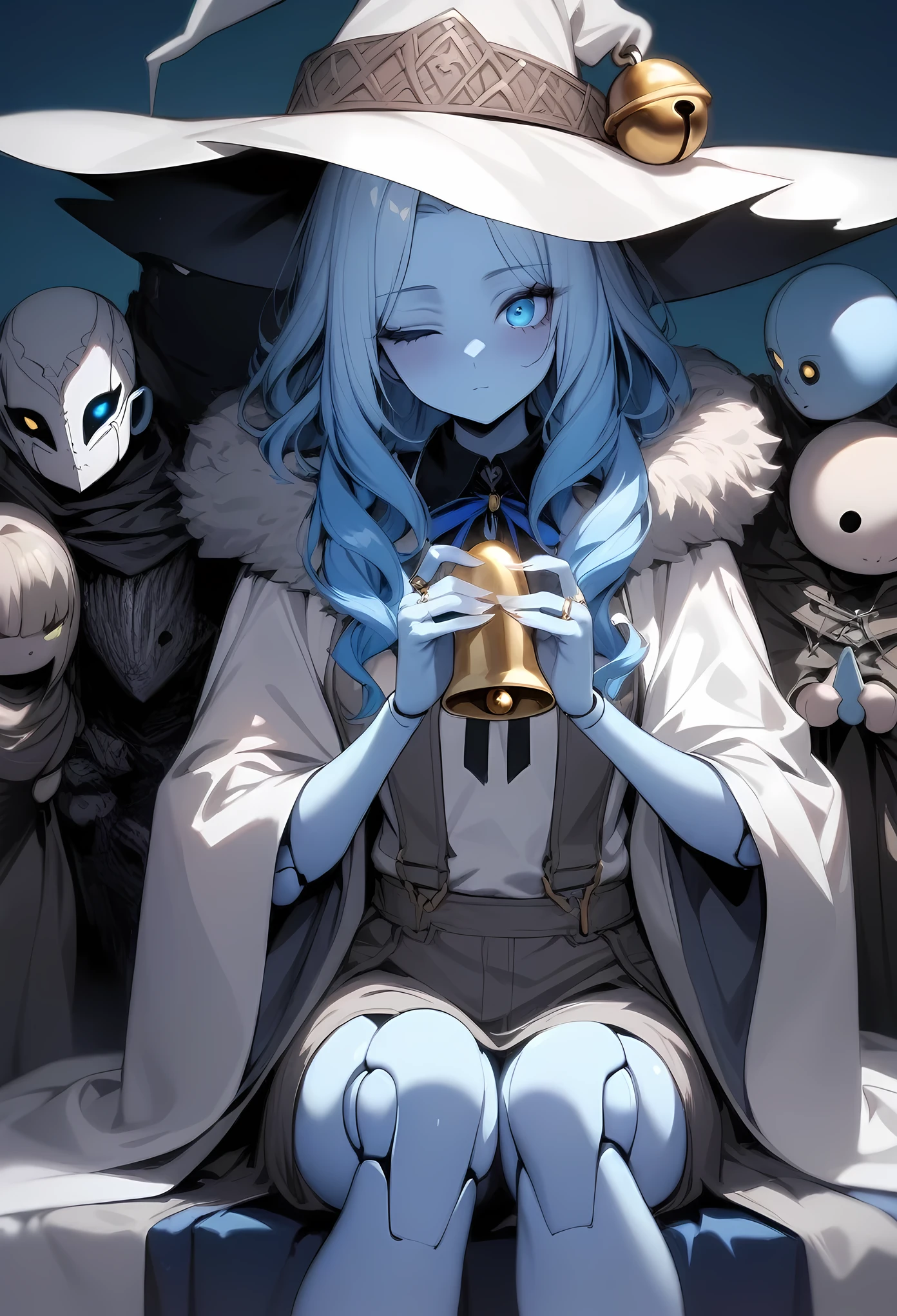 masterpiece, best quality, very aesthetic, absurdres, intricate, overall detail,
ranni_the_witch, elden_ring,bell, blue_eyes, blue_hair, blue_skin, cloak, colored_skin, doll_joints, extra_arms, extra_faces, fur_cloak, grey_cloak, hat, holding, holding_bell, index_finger_raised, jewelry, joints, medium_hair, neck_ribbon, one_eye_closed, own_hands_together, ribbon, ring, robe,wavy_hair, white_hat, white_nails, white_robe, wide_sleeves, witch_hat, sitting, blue_background,