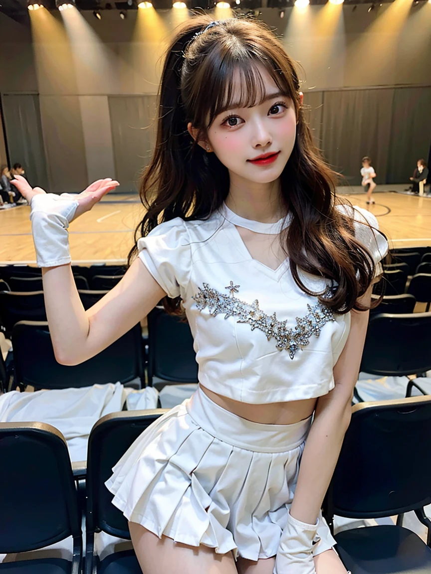 (8k, RAW photo, photorealistic: 1.25), (lip gloss, eyelashes, shiny face, shiny skin, slim body, small, Nogizaka 46, uniform idol, 18 years old, pleated skirt, concert, stage costume, best quality, ultra high resolution, depth of field, chromatic aberration, caustics, wide lighting, natural shading, jpop idol) Looking at the viewer, with a calm and goddess-like euphoria,