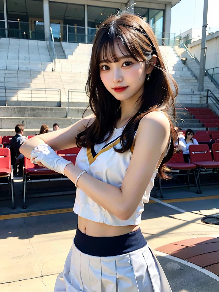 (((Draw only one woman：2)))、((Cheerleaders dancing at the basketball venue:1.5))、((She is wearing a cute cheerleader outfit：1.8))、beautiful  woman、((1 screen))、8K、RAW shot、highest quality photos、masterpiece、nice realistic pictures、(( anatomically correct proportions : 1.5))、((perfect proportions))、((A cute woman who looks like a beautiful Japanese idol))、((small head))、detailed face、detailed eyes、narrow nose、(detailed fingers: 1.2)、detailed arms、detailed skin、detailed legs、(slim style)、((thin waist))、(Medium udder)、(Cheerleader costume with elaborate tank top design:1.5)、(sweaty body:1.2)、(sweaty hair:1.2)、(Cheerleader costume with cute wet design:1.3)、(Costumes like Nogizaka46:1.8)、(Costumes like Hinatazaka46:1.8)、(Holding pom-poms in both hands)