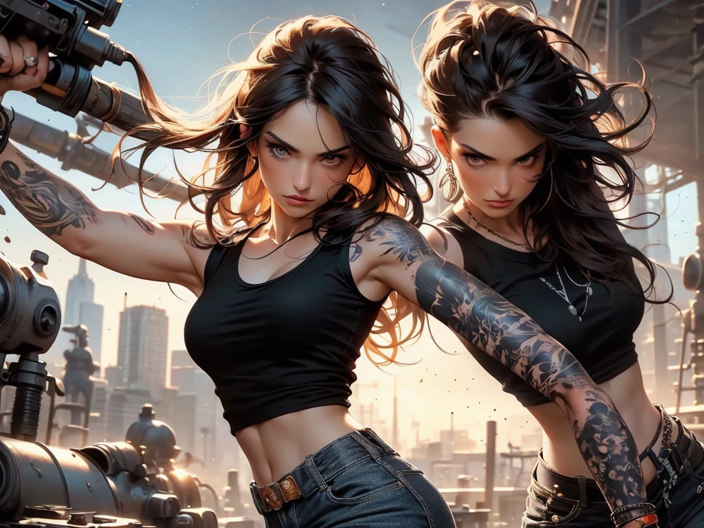 masterpiece, Cowboy shot, (1woman), (wild messy dark brown hair), (Black tshirt:1.2), (beautiful hazel seductive eyes), (tribal tattoo on hands), White, Orange and Blue colors, Foggy background, Graceful pose, (looking at viewer), (front view), (from sky), (bokeh:1.2), tight crop top, tank top