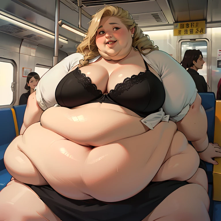 masterpiece, best quality, absurdres, detailed, realistic, beautiful young asian woman, USSBBW, (morbidly obese:1.8), shy smile, (realistic detailed face), gigantic belly, huge lips, shy, (bursting shirt), pink bra, skirt, blonde braided hair, subway train, sitting down