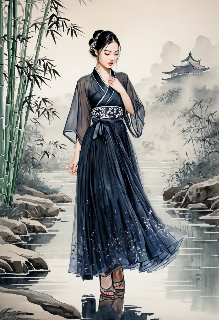 Watercolor Landscape, The Outlines of pavilions are faintly visible, depicted in light ink and fine brushwork. The sky is shrouded in clouds and rendered in light ink, adding a layer of fantasy and mystery to the whole scene. Middle scene: Peaceful bamboo forest. An ancient bridge quietly straddles the water, its outline outlined in ink and the water rendered in light ink. Close up: The girl is standing, her eyes clear and deep, with light ink. Delicate eyebrows. Open your lips slightly. Rosy face, rendered in light ink. The hair was thick and shiny, and the dark black hair fell like a waterfall. Wearing a soft satin dress, the shine and flow of the dress were expressed through different shades of ink. Around his waist was an embroidered sash, embroidered with delicate patterns. Wearing a veil of light. Embroidered shoes on the feet, the pattern on the upper is depicted with fine brushstrokes. (Atmospheric view, panoramic view), ananmo, Chinese Style, best quality, masterpiece, very aesthetic, perfect composition, intricate details, ultra-detailed