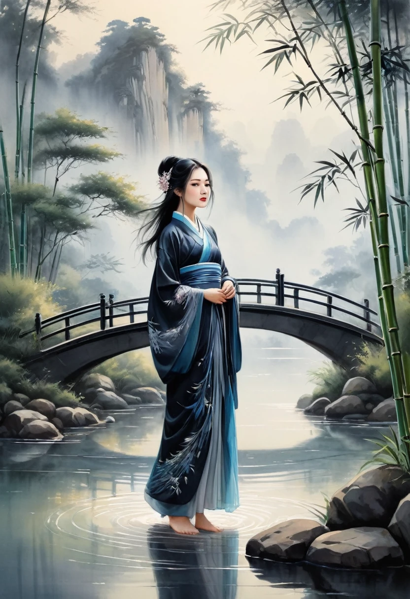 Watercolor Landscape, The Outlines of pavilions are faintly visible, depicted in light ink and fine brushwork. The sky is shrouded in clouds and rendered in light ink, adding a layer of fantasy and mystery to the whole scene. Middle scene: Peaceful bamboo forest. An ancient bridge quietly straddles the water, its outline outlined in ink and the water rendered in light ink. Close up: The girl is standing, her eyes clear and deep, with light ink. Delicate eyebrows. Open your lips slightly. Rosy face, rendered in light ink. The hair was thick and shiny, and the dark black hair fell like a waterfall. Wearing a soft satin dress, the shine and flow of the dress were expressed through different shades of ink. Around his waist was an embroidered sash, embroidered with delicate patterns. Wearing a veil of light. Embroidered shoes on the feet, the pattern on the upper is depicted with fine brushstrokes. (Atmospheric view, panoramic view), ananmo, Chinese Style, best quality, masterpiece, very aesthetic, perfect composition, intricate details, ultra-detailed