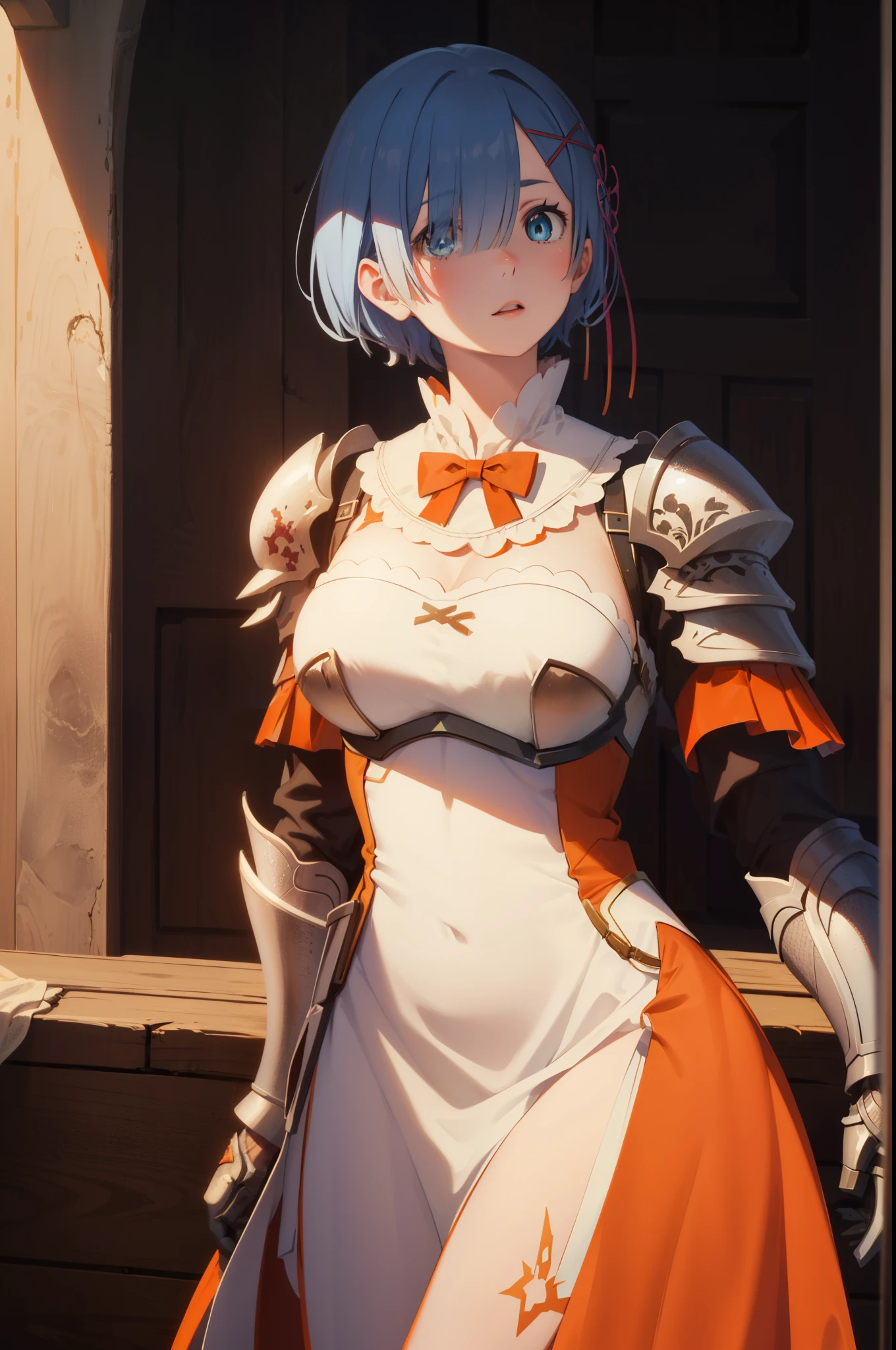 ph_rem, remhd, 1girl, blue hair, solo, blue eyes, x hair ornament,
BREAK (red bowtie, shoulder armor, sidelocks, (white armor:1.5), breastplate, (orange dress:1.5):1.2),
BREAK (masterpiece:1.2), best quality, high resolution, unity 8k wallpaper, (illustration:0.8), (beautiful detailed eyes:1.6), extremely detailed face, perfect lighting, extremely detailed CG, (perfect hands, perfect anatomy),