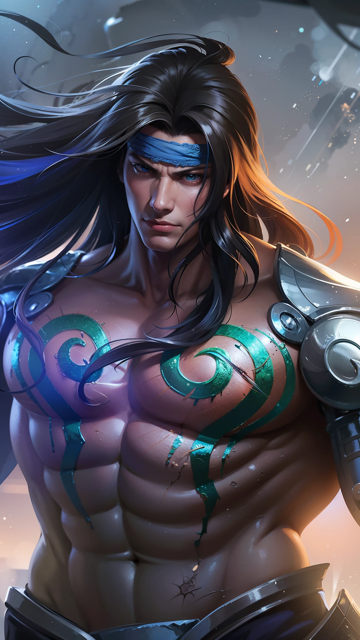 a male with blue headband fabric, Best quality, masterpiece, detailed skin texture, detailed clothes texture, detailed face, super detailed, 8k, intricate detail, The color doesn't change, Muscle guy, 1 male, angry, sharp eyes, blue eyes, rain background.