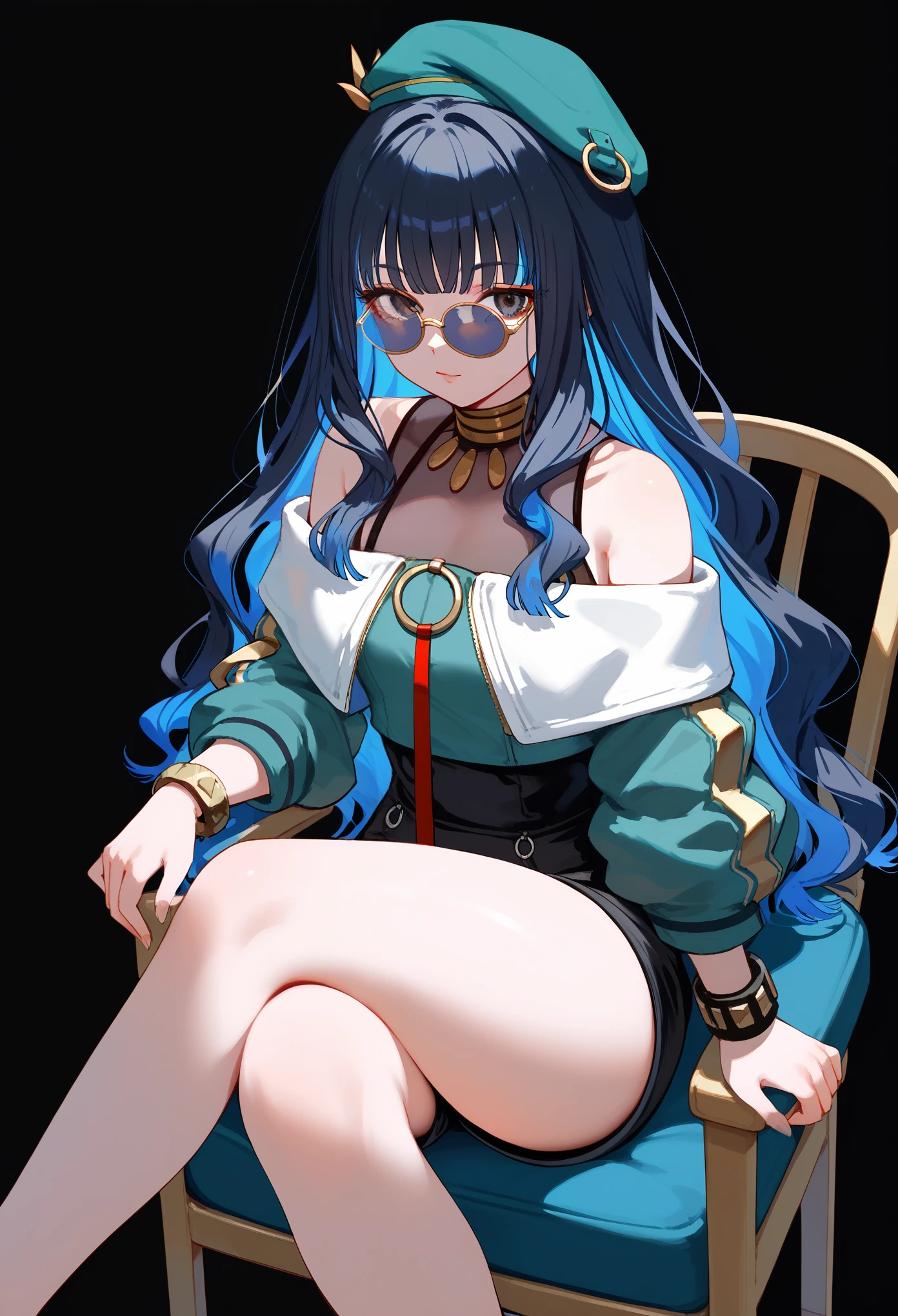 sitting,folding chair, 1girl, solo, long hair, black hair, colored inner hair, blue hair, wavy hair, eyeliner, makeup, jewelry, beret, o-ring, neck ring, black shorts, buttons, round sunglasses, bracelet, bare shoulders, green jacket, white jacket, off shoulder, zipper, from above, thighs focus, thighs close-up, lower body, black background, simple background, masterpiece, score_9, score_8_up, score_7_up