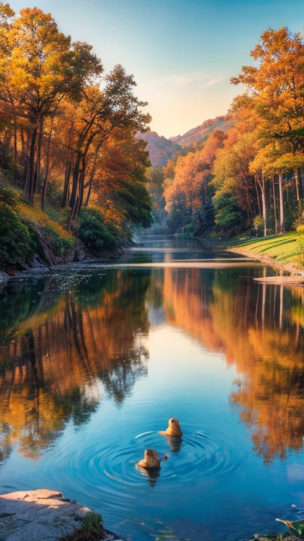 a serene lake nestled among rolling hills and colorful autumn trees. The water is so clear that you can see the fish swimming beneath the surface, while ducks paddle lazily along the shore. The golden light of the setting sun bathes the landscape in a warm glow, casting long shadows across the peaceful scene