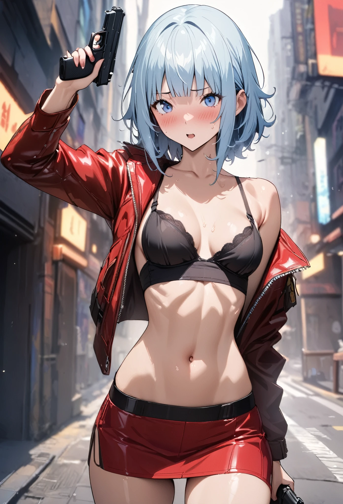 ((masterpiece, highest quality:1.2)),cowboy shot,1woman,20 year old beauty,solo,((very small head)),short hair,messy hair,light blue hair,blue eyes,blunt,((very long and slender body)),toned body,skinny,medium breasts,shiny skin,oily skin,blush,Bullish expression,Red leather jacket、 Red tight mini skirt、black tube top bra、black_thighhighs,Bounty Hunter、Holding a handgun in your hand、Shoot a gun、Gunfight、on street,Big cities、Cyberpunk World、