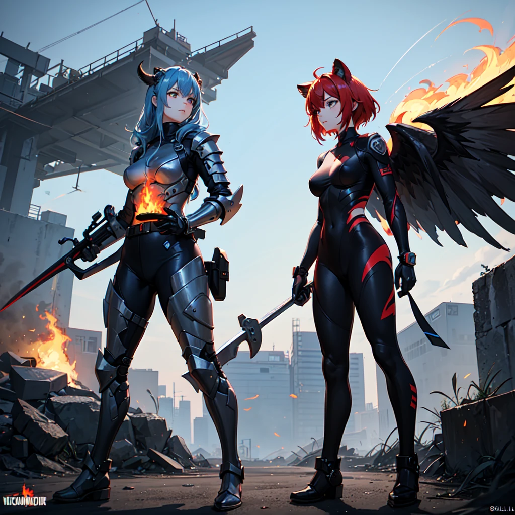 (Masterpiece, top quality), (perfect athlete body: 1.2), (detailed hair), ultra detailed, anime style, full body, solo, cyberpunk lady knight with mechanize lion ears, red mane and green eyes, bull horns, spread mechanize wings, boyish appearance, holding a flaming sword, wearing battle armor and battle boots, standing of wasteland, white background, whole body, supernatural flame and lightning
