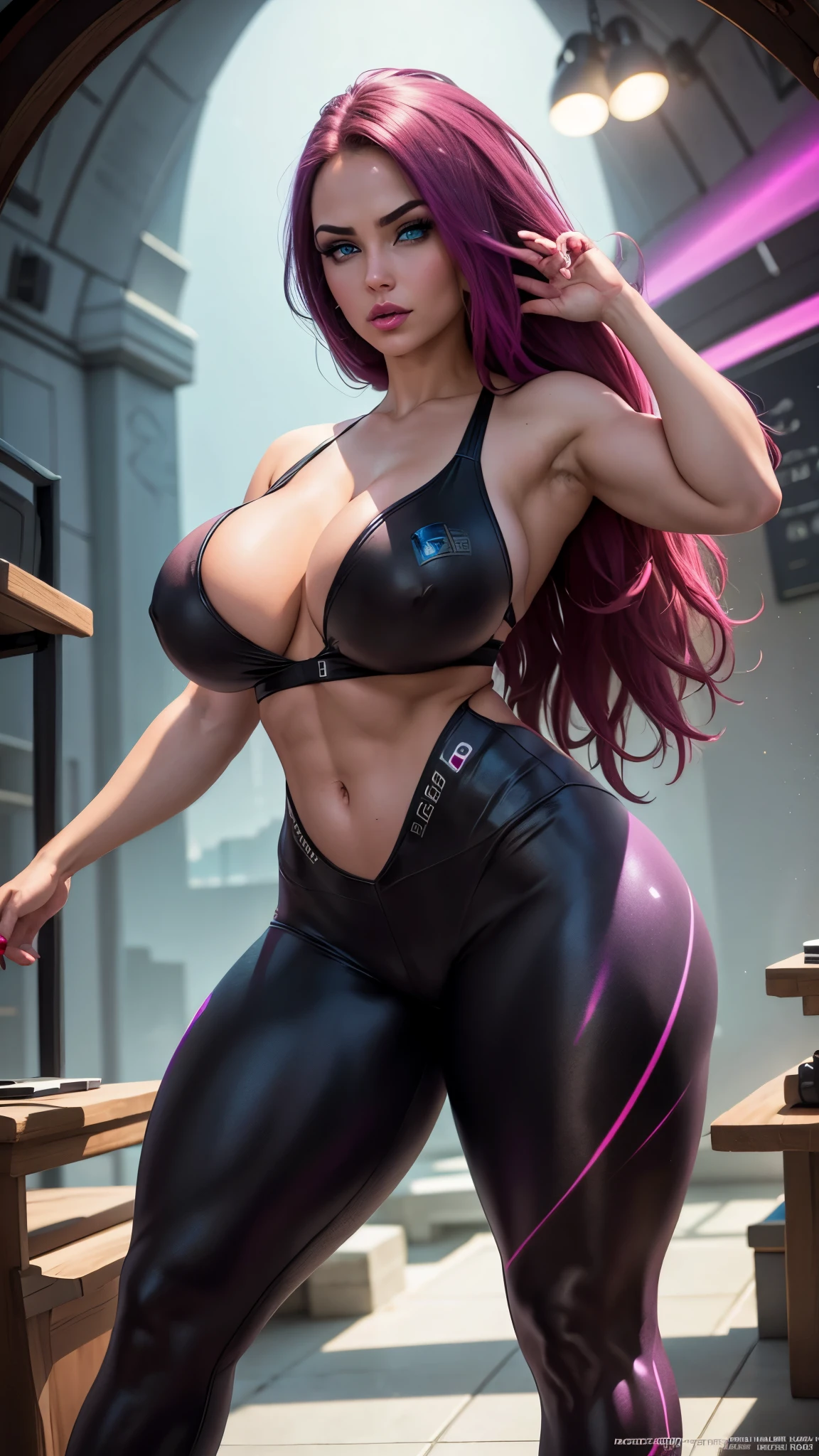 a woman with large breasts, athletic body, big butt, thick thighs facing the camera, Scrunchbutt Leggings, beautiful detailed eyes, beautiful detailed lips, extremely detailed eyes and face, long eyelashes, photo-realistic, 8K, high quality, hyper detailed, cinematic lighting, 3D, volumetric lighting, dramatic lighting, chiaroscuro, warm color palette, vibrant colors, dynamic pose, dramatic angle, magazine cover, fashion photography