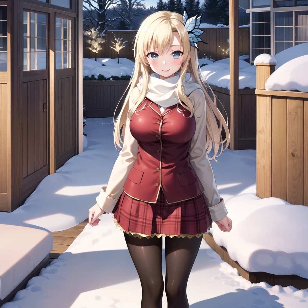 masterpiece, highest quality, High resolution, acid, Long Hair, hair ornaments, Big Breasts, Winter clothes, scarf, pantyhose, snow, wood, garden, smile