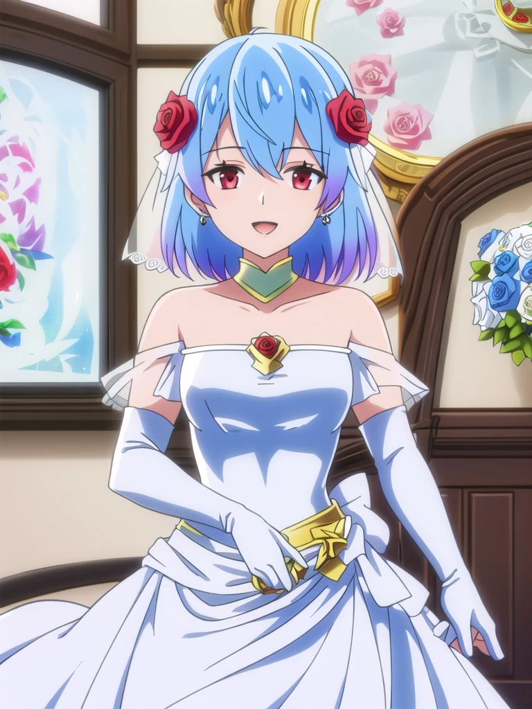 (((Best quality))),((Ultra-detailed)),((illustration)),((Disheveled hair)),((frilld)),(1 girl),
1girl,bare shoulders,blue hair,blush,bouquet,bow,braid,bridal veil,bride dress,earrings,elbow gloves,flower gloves,hair flower,hair ornament,holding bouquet,indoors,jewelry,open mouth,pink rose,red eyes,red flower,red rose,rose,short hair,skirt hold,smile,solo,stained glass,stairs,strapless,strapless dress,veil,wedding dress,white dress,white flower,white gloves,white rose,yellow rose,