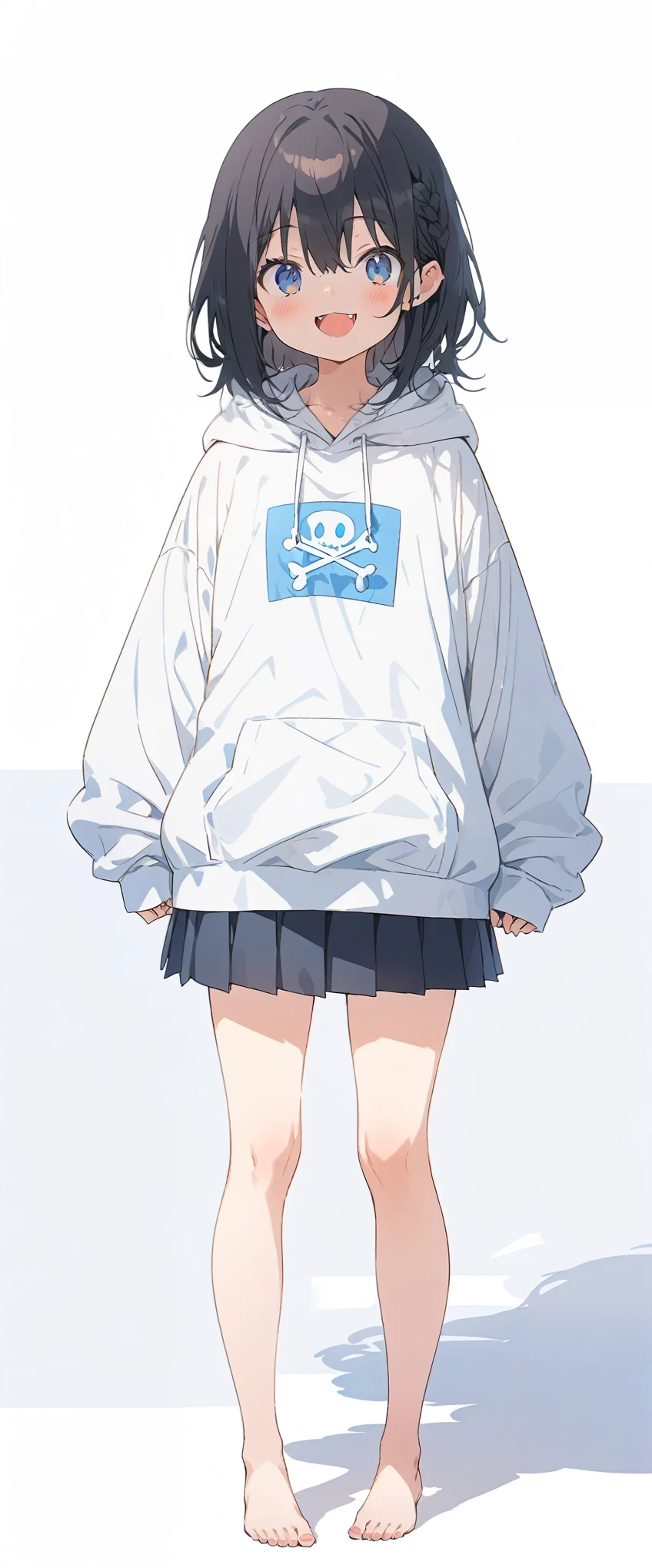 White background、Solid white background、Blank background、just standing girl, only one girl、Full body shot from the front,Ultra-high resolution, highest quality,fish-bone braid hair、Fishbone Hair、Flat Chest、beautiful detailed eyes、black hair、Black hair × Blue eyes、blue eyes、Open your mouth without showing your teeth、Smile with mouth wide open、Plain white hoodie、Black pleated skirt、barefoot