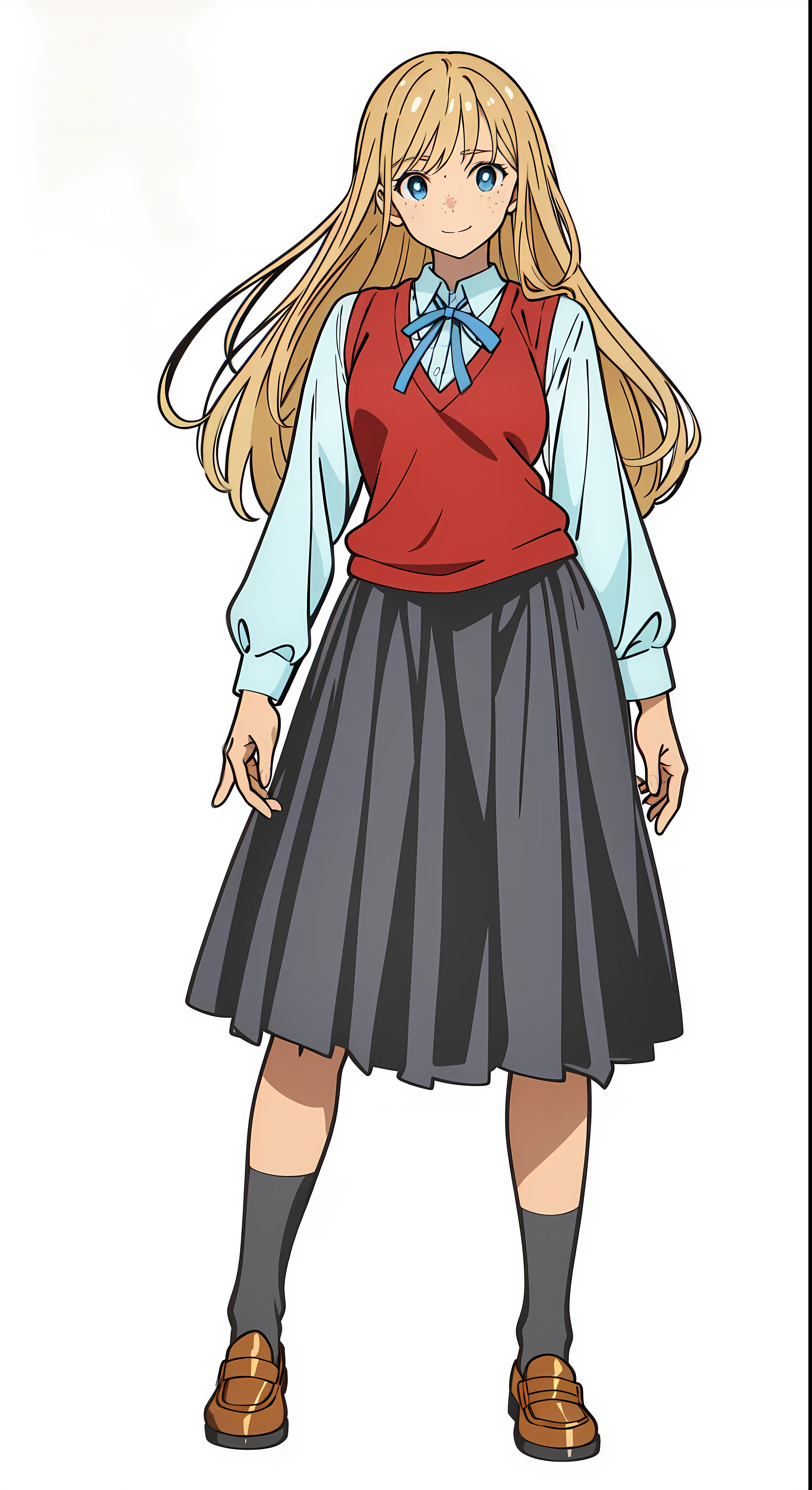 (best quality:1.0), (masterpiece:1.0), (super fine illustration:1.0), (beautiful artwork:1.0), (anime screencap:1.0), (official art:1.0), (european:1.0), (cheerful:1.0), (tareme:1.5), (looking at viewer:1.0), (white background:1.0), (best quality:1.0), (masterpiece:1.0), (super fine illustration:1.0), (beautiful artwork:1.0), (anime screencap:1.0), (official art:1.0), (solo:1.0), (european:1.0), (a 18yo cute girl:1.0), (long skirt:1.0), (black skirt:1.0), (pleated skirt:1.0), (red knit vest:1.0), (white long sleeve collared shirt:1.0), (blue neck ribbon:1.0), (loafers:1.0), (black socks:1.0), (ideal ratio body proportions:1.0), (lanky:1.0), (tall:1.0), (slender:1.0), (small breasts:1.0), (smaller face:1.0), (tareme:1.0), (freckles:1.0), (detailed beautiful eyes:1.0), (detailed beautiful face:1.0), (glowing blue eyes:1.0), (long hair:1.0), (swept bangs:1.0), (blonde hair:1.0), (standing:1.0), (looking at viewer:1.0)