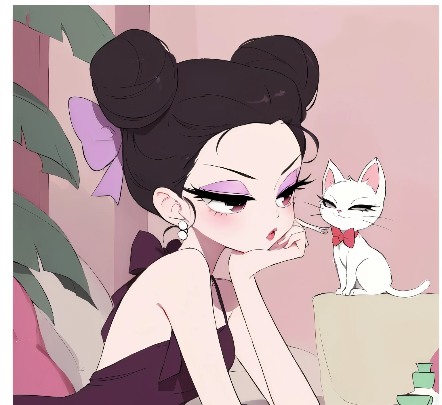 sit on the chair,Cartoon black-haired girl wearing a bow tie,There is a white cat next to it, 迷人的Catwoman孩, beautiful anime Catwoman, aesthetic siamese cat, Catwoman, Loish art style, Loish and clamp style, cute anime Catwoman, anime Catwoman, very beautiful cute Catwoman, Loish |, Lovely art style, Anime girl with cat ears