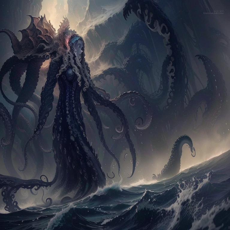 arafed image of a giant octopus attacking a woman in the ocean, cthulhu rising from the ocean, lovecraftian background, an ominous fantasy illustration, lovecraftian inspiration, dramatic concept art, photo of cthulhu, lovecraftian, dark soul concept, lovecraftian monster, lovecraftian atmosphere, cthulhu, illithid, h.p. lovecraft as cthulhu