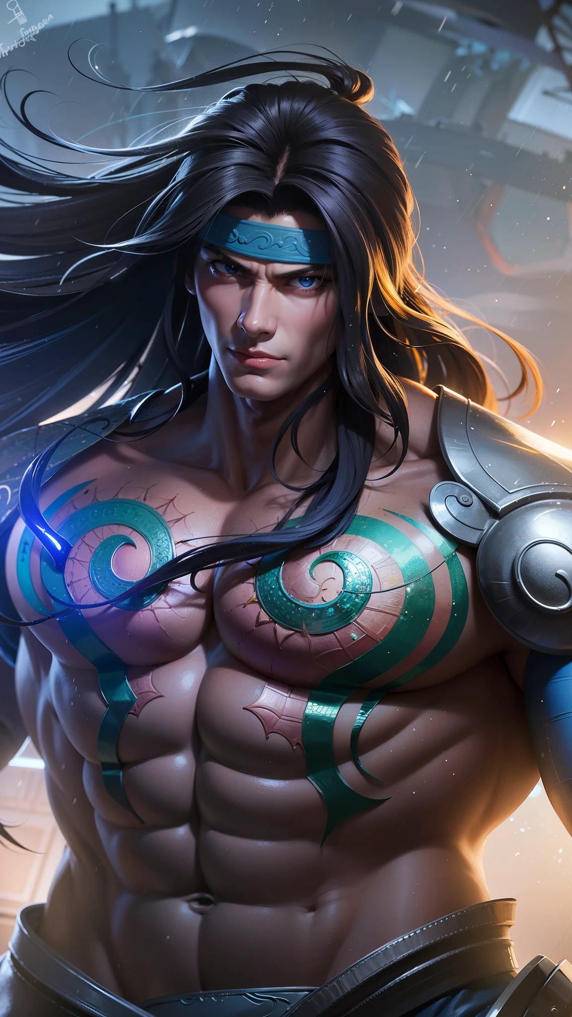 a male with blue headband fabric, Best quality, masterpiece, detailed skin texture, detailed clothes texture, detailed face, super detailed, 8k, intricate detail, The color doesn't change, Muscle guy, 1 male, angry, sharp eyes, blue eyes, rain background.