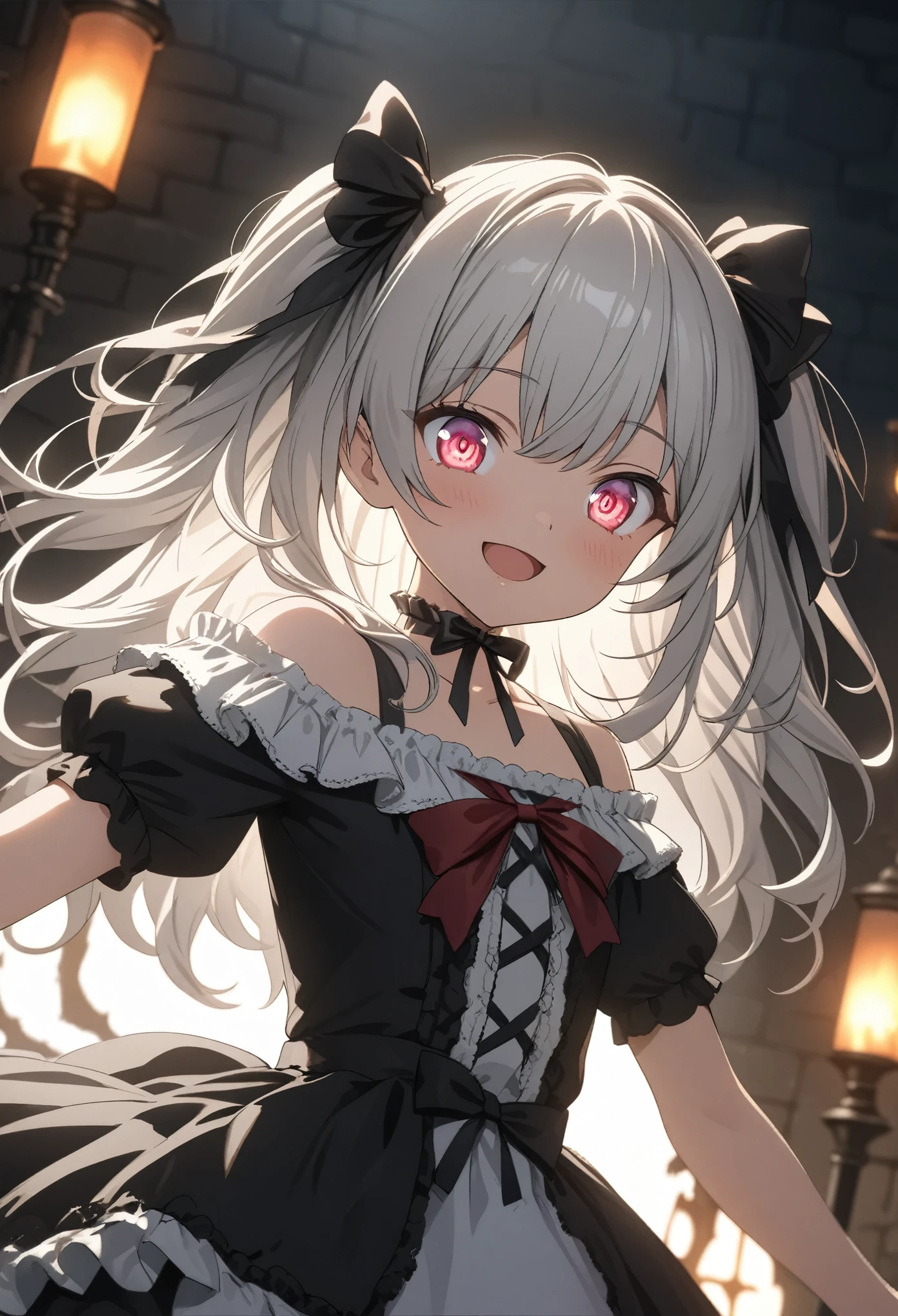 ((Masterpiece)), (Anime:1.5), ((best quality)), (super detail:1.2), (High Definition:1.3), (High Definition:1.3), (Professional Photography:1.2), ((from front)), ((12 years old)), cinematic lighting, cute teenage girl, Plaid dress, (Off-Shoulder dress), hoop dress, bow, (lolita fashion), pale silver hair, (Vibrant Pose), exposed bare shoulder and arms, lolita style, (Only the eyes looking at another:1.4), cute smile, open mouth, pretty, portrait of lolita girl, emo style, red checker, (Inside the spooky dungeon), ribbon belt, (sharp focus), (perfect light),