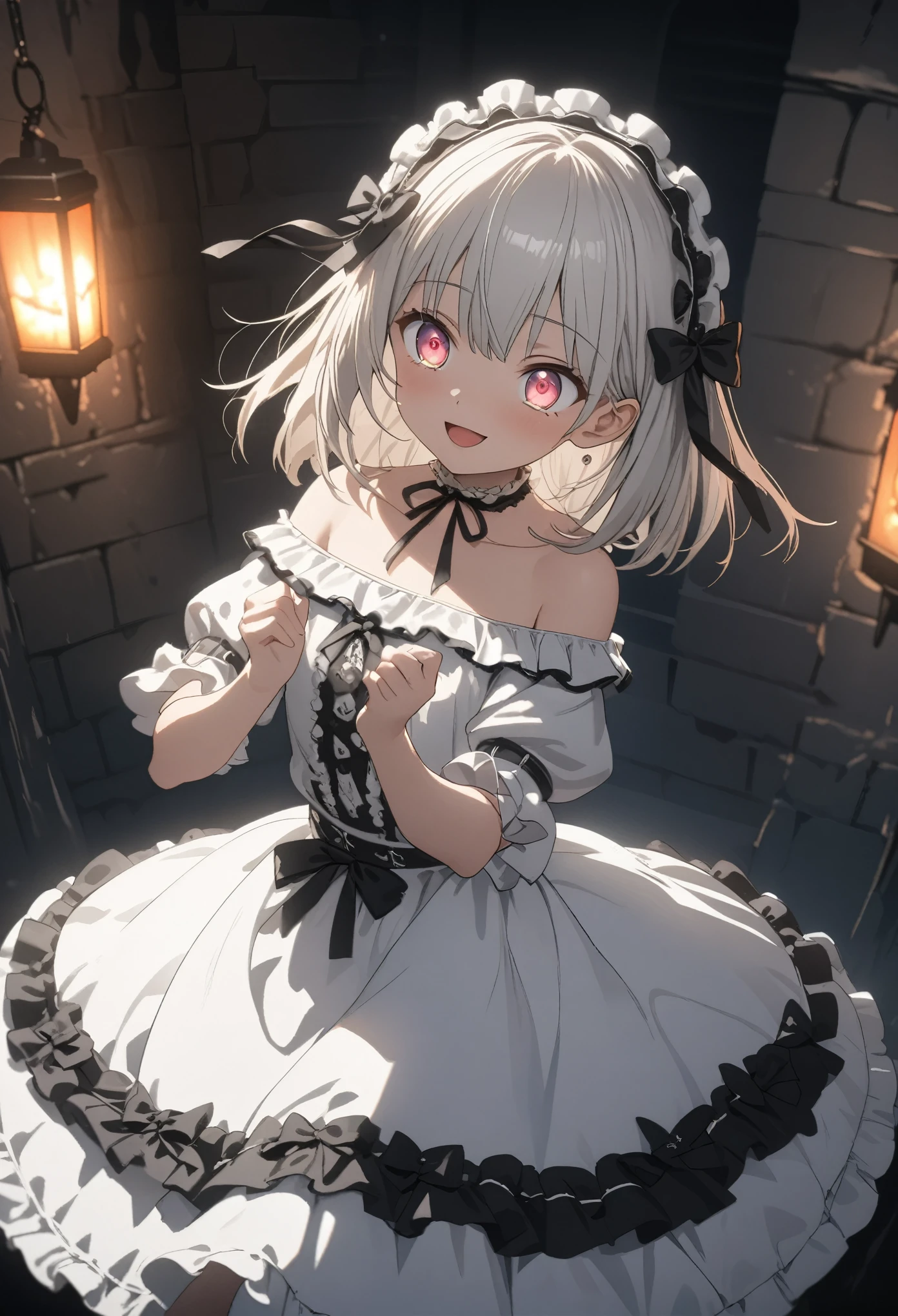 ((Masterpiece)), (Anime:1.5), ((best quality)), (super detail:1.2), (High Definition:1.3), (High Definition:1.3), (Professional Photography:1.2), ((from front)), ((12 years old)), cinematic lighting, cute teenage girl, Plaid dress, (Off-Shoulder dress), hoop dress, bow, (lolita fashion), pale silver hair, (Vibrant Pose), exposed bare shoulder and arms, lolita style, (Only the eyes looking at another:1.4), cute smile, open mouth, pretty, portrait of lolita girl, emo style, red checker, (Inside the spooky dungeon), ribbon belt, (sharp focus), (perfect light),