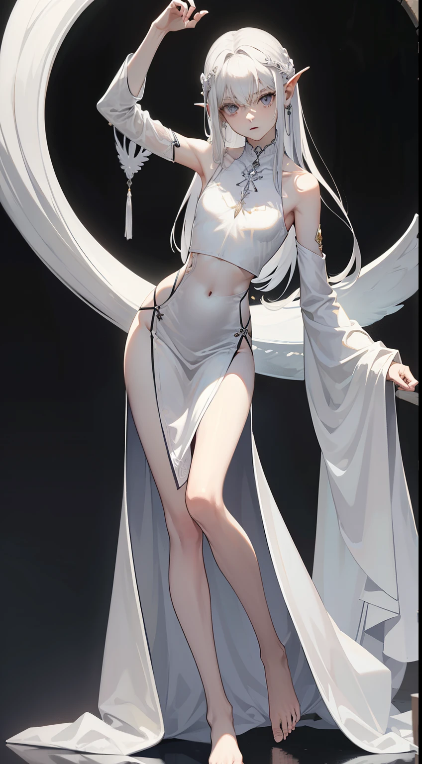 ((best quality)), ((masterpiece)), (detailed), perfect face, Character design, female, long white grey hair, wearing a white angelic dress, grey white eyes, small frame, very skinny, detailed, best quality, no accesoires around the neck, no shoes, prominent collarbones, skinny arms, flat stomach, visible hip bones, full body, vampire, pale skin, angelic