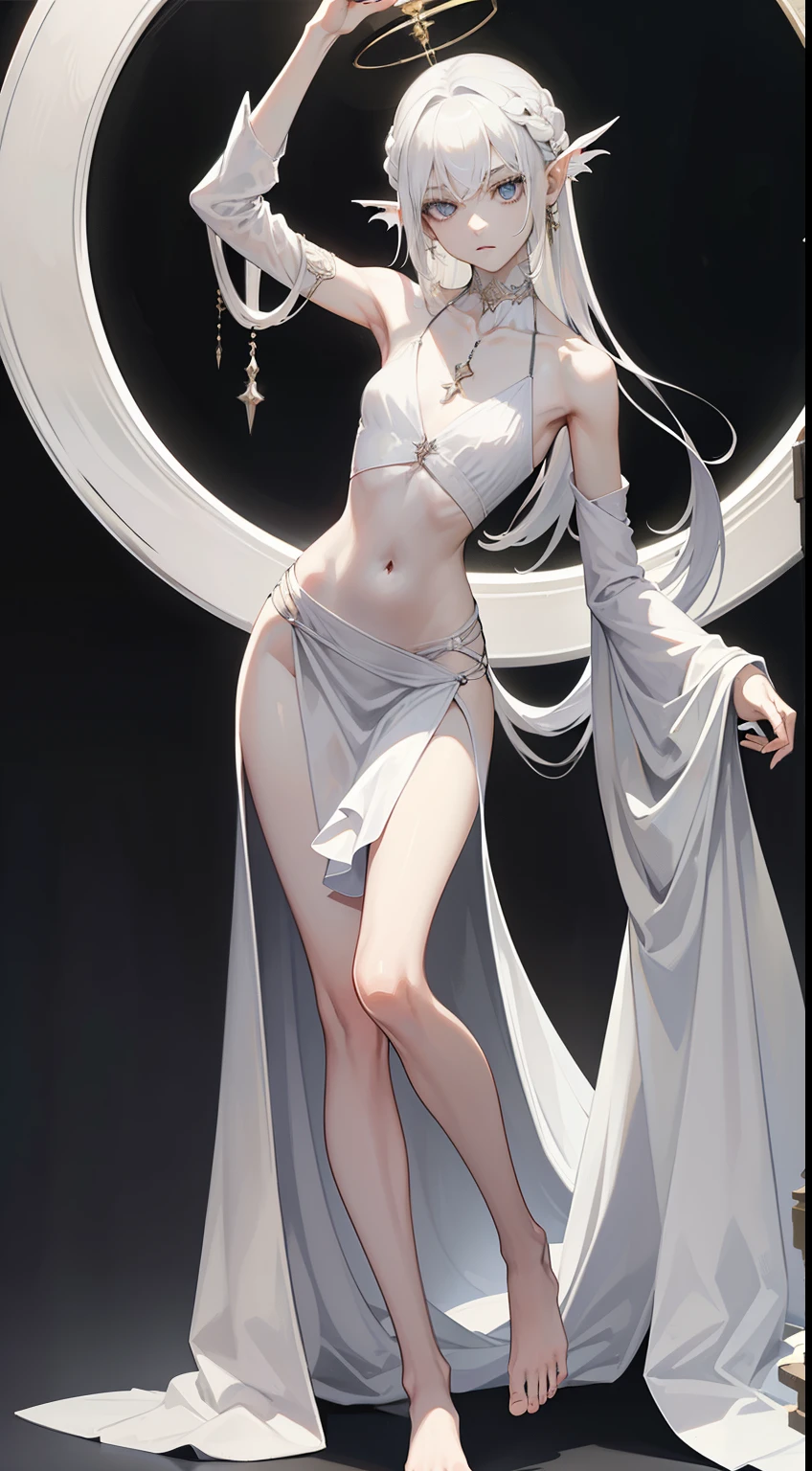((best quality)), ((masterpiece)), (detailed), perfect face, Character design, female, long white grey hair, wearing a white angelic dress, grey white eyes, small frame, very skinny, detailed, best quality, no accesoires around the neck, no shoes, prominent collarbones, skinny arms, flat stomach, visible hip bones, full body, vampire, pale skin, angelic
